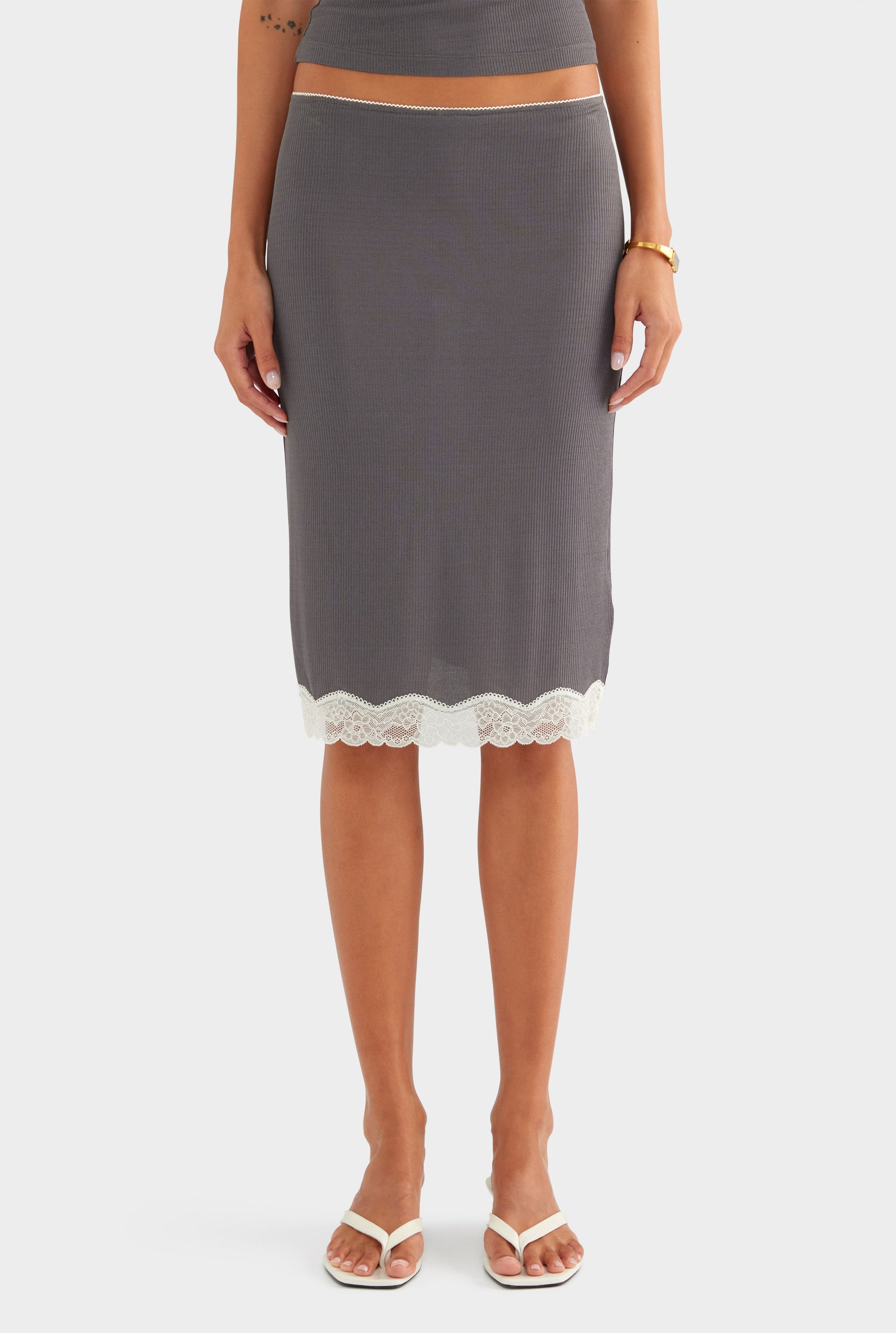 Lace Rib Midi Skirt - Dark Grey/Antique White