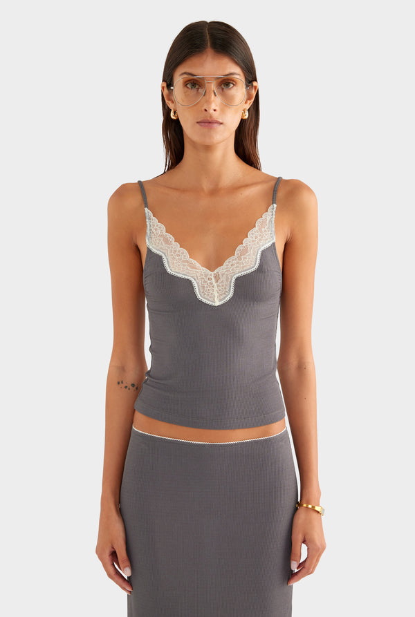Lace Rib Cami - Dark Grey/Antique White