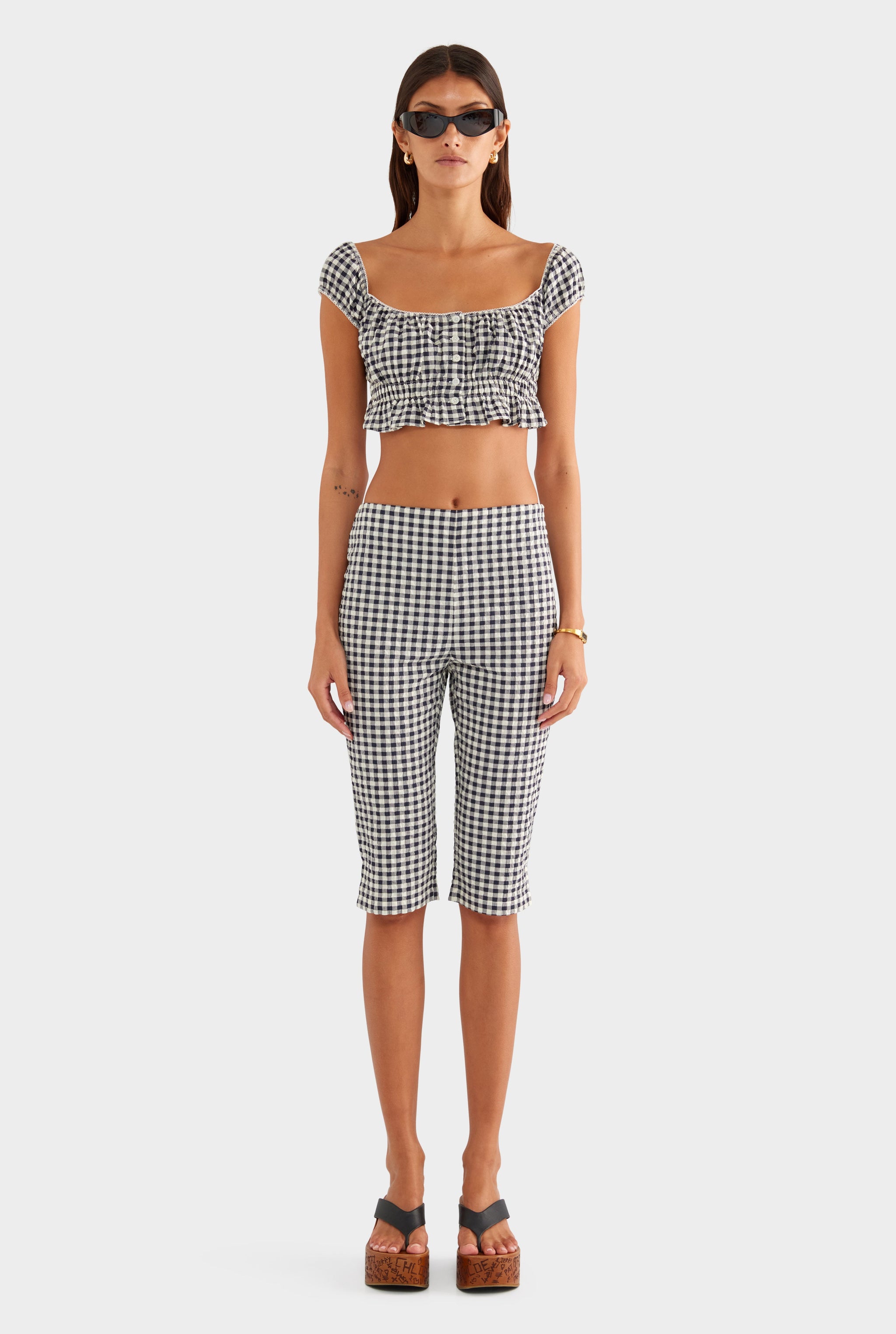 Off Shoulder Crop Top - Navy/Cream Gingham