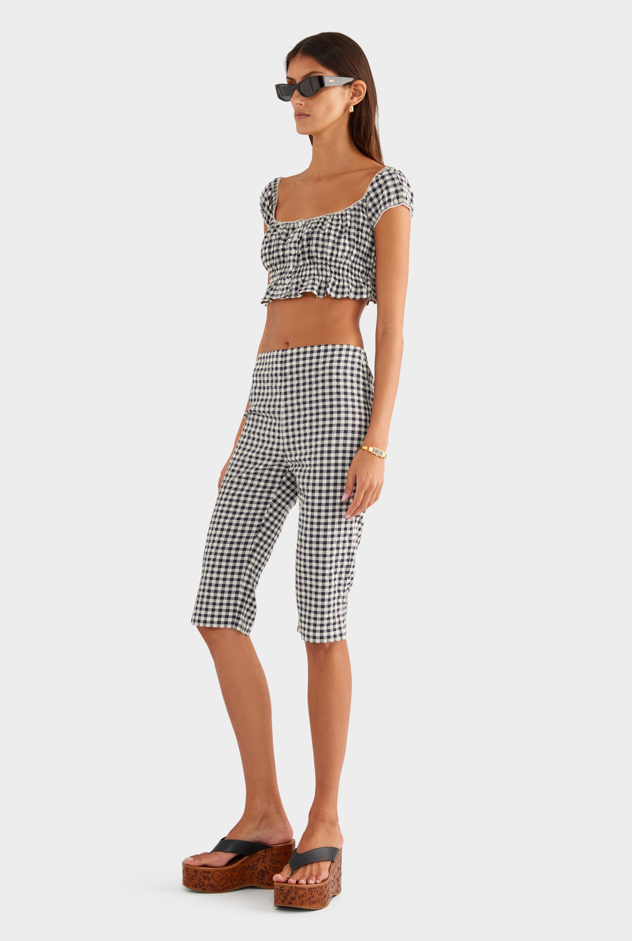 Off Shoulder Crop Top - Navy/Cream Gingham