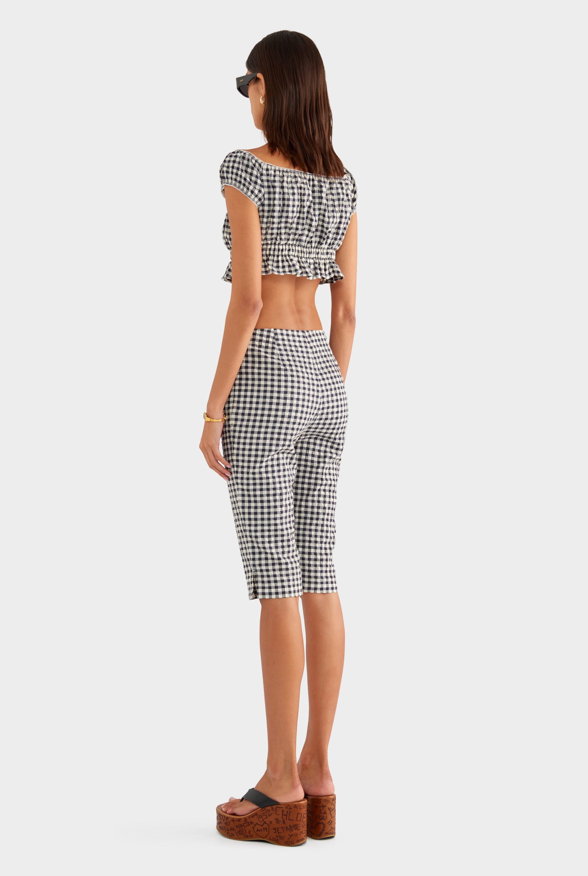 Off Shoulder Crop Top - Navy/Cream Gingham