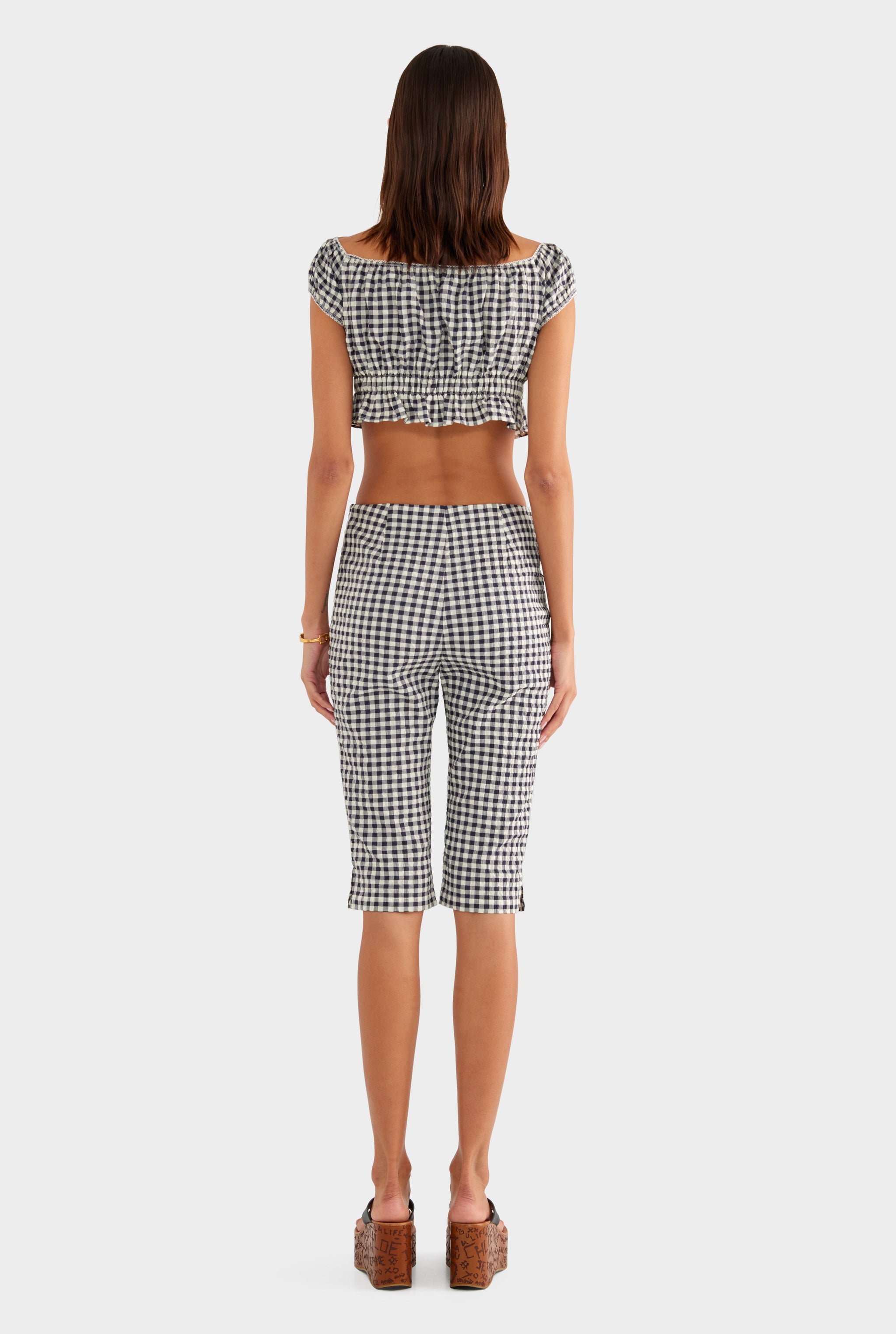 Off Shoulder Crop Top - Navy/Cream Gingham