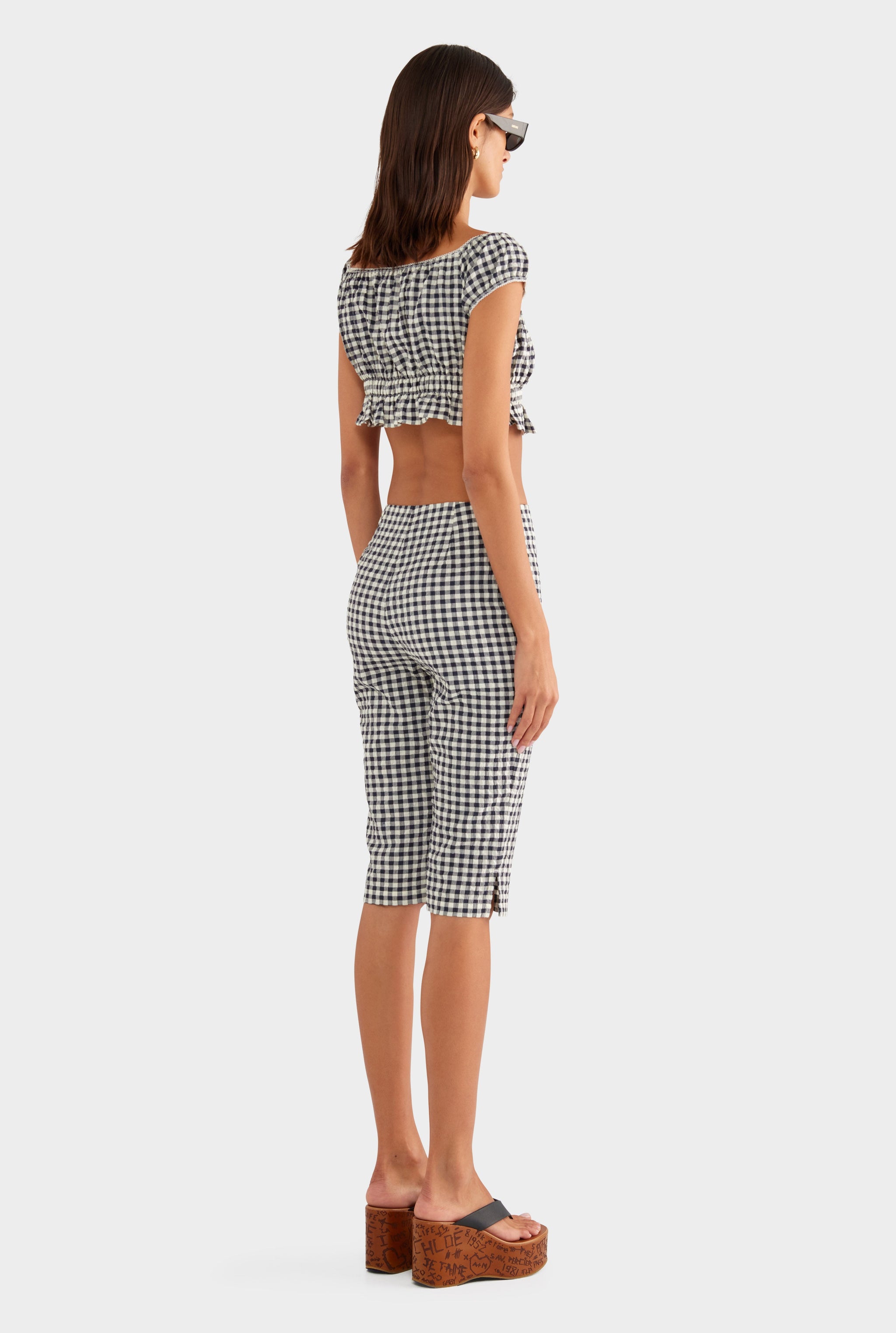 Off Shoulder Crop Top - Navy/Cream Gingham