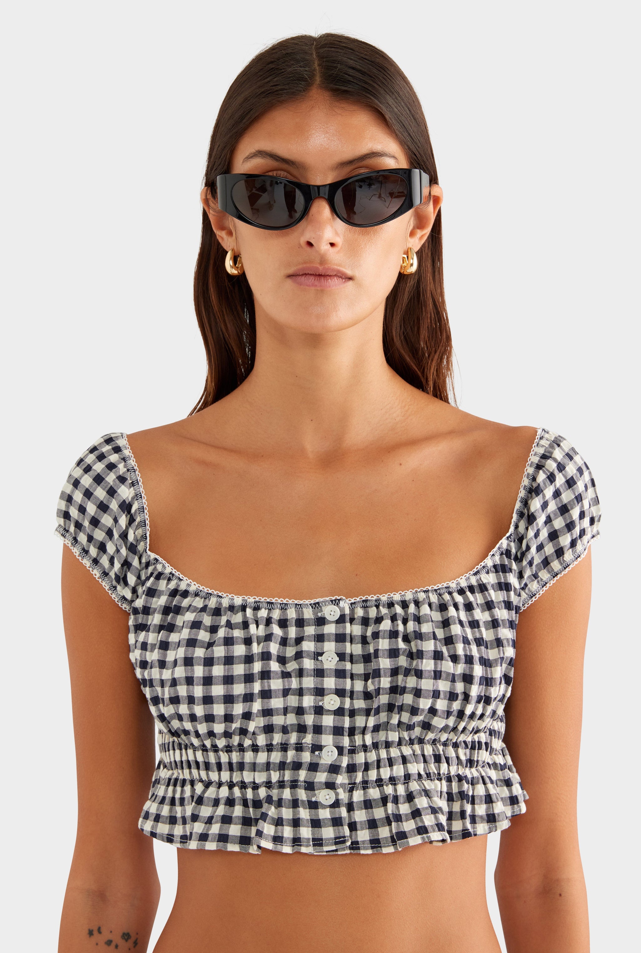 Off Shoulder Crop Top - Navy/Cream Gingham