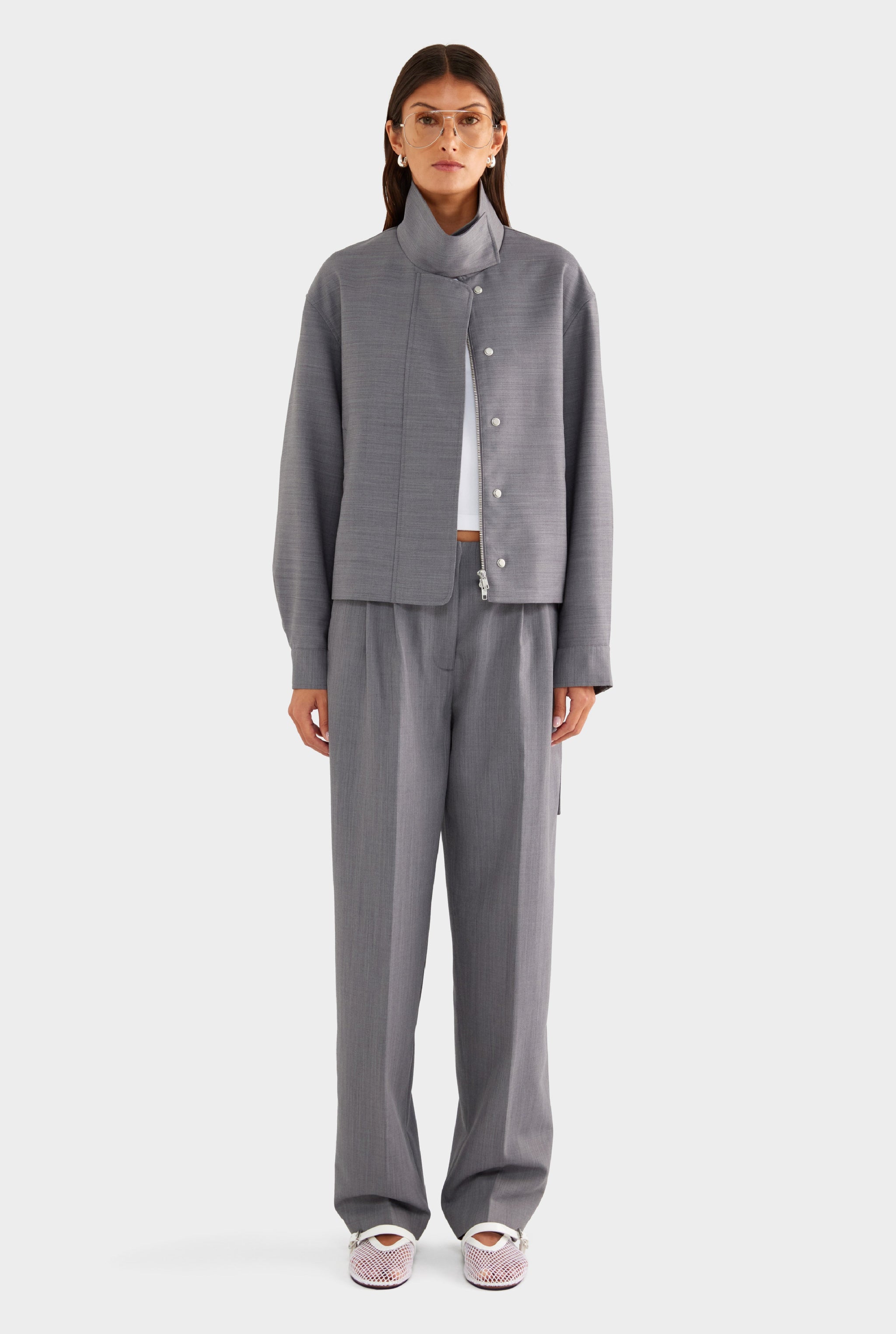 Wool Funnel Neck Jacket - Charcoal Marl