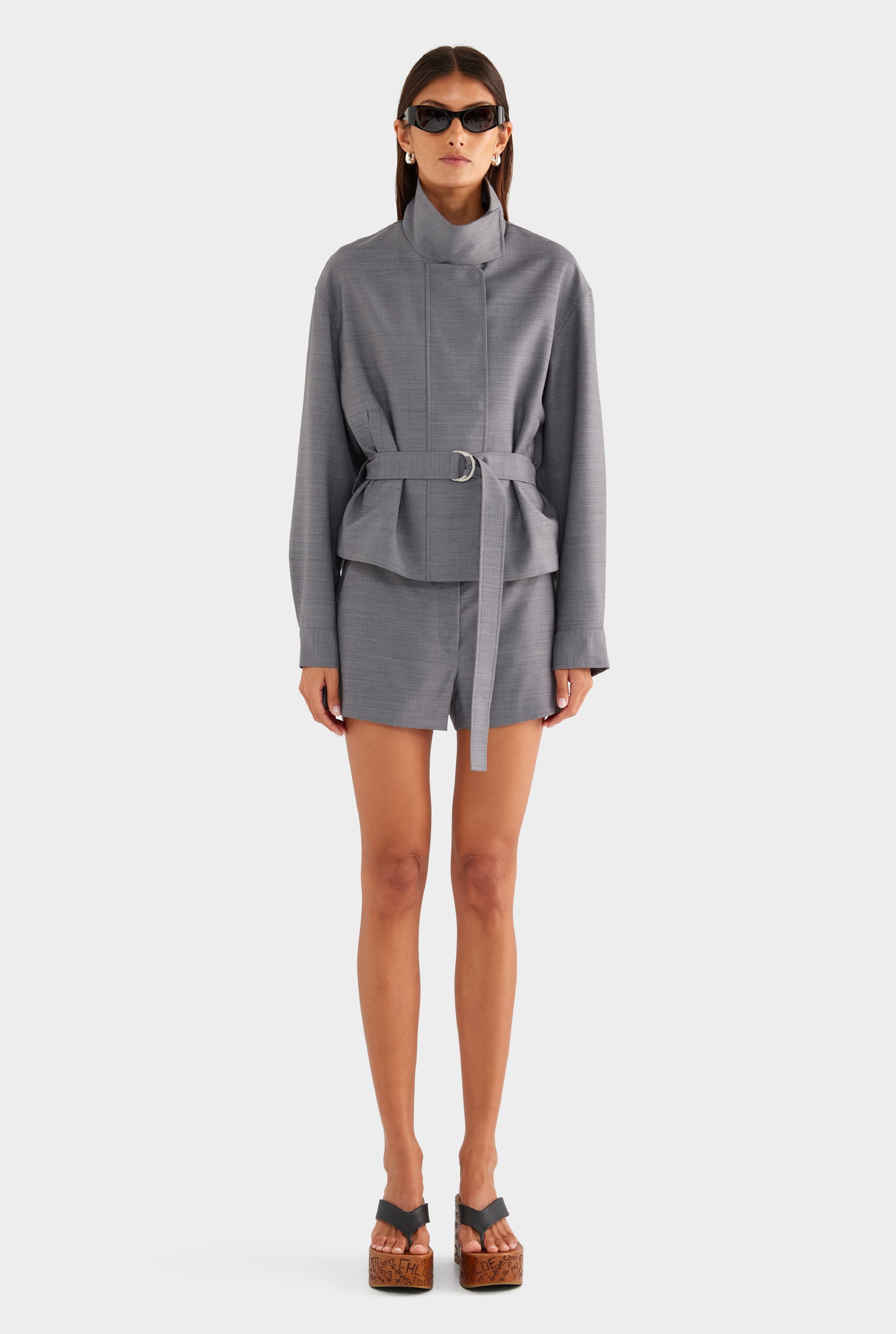 Wool Funnel Neck Jacket - Charcoal Marl