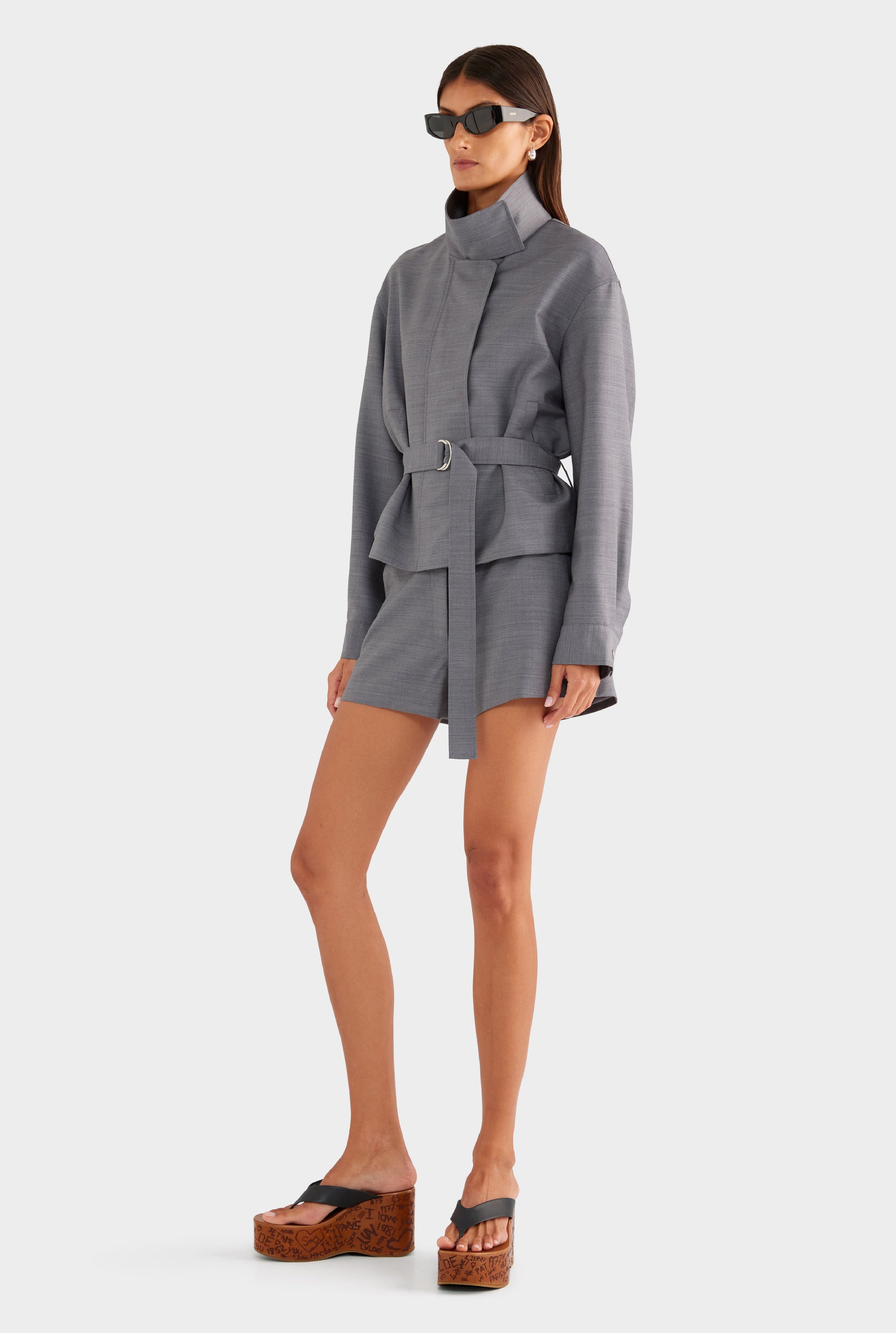 Wool Funnel Neck Jacket - Charcoal Marl