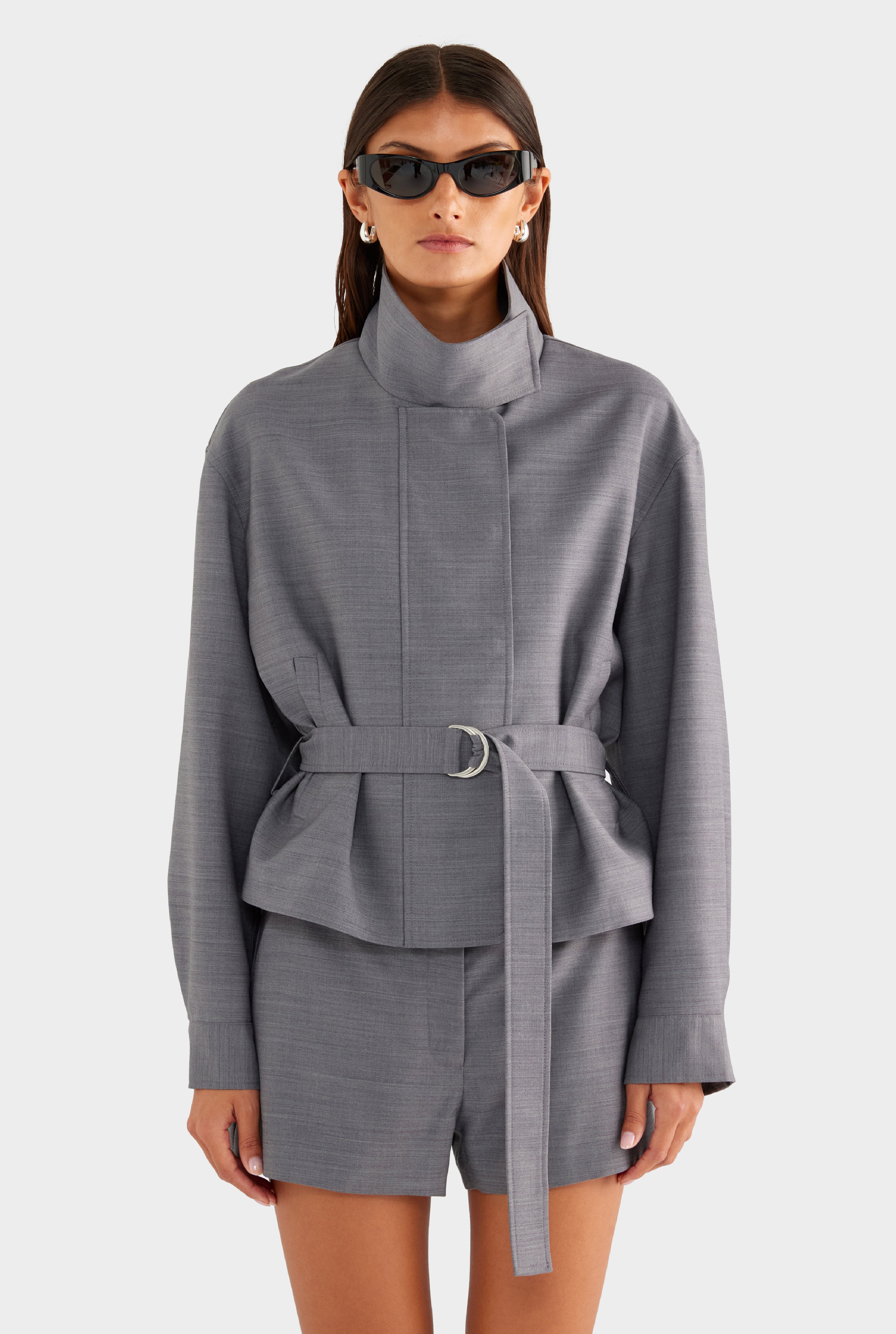 Wool Funnel Neck Jacket - Charcoal Marl