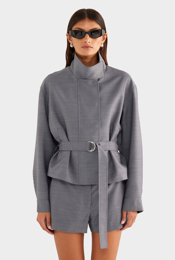 Wool Funnel Neck Jacket - Charcoal Marl
