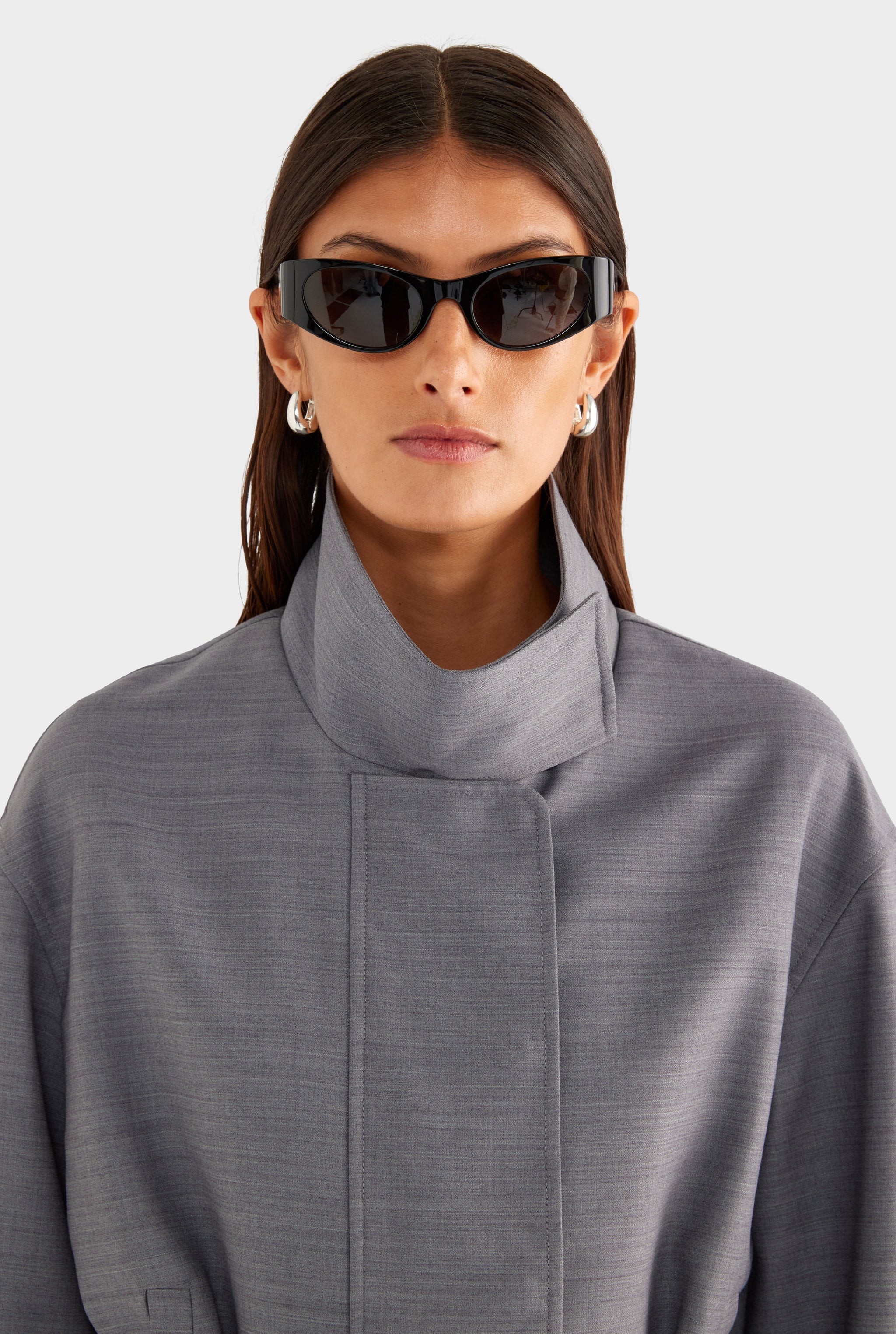 Wool Funnel Neck Jacket - Charcoal Marl