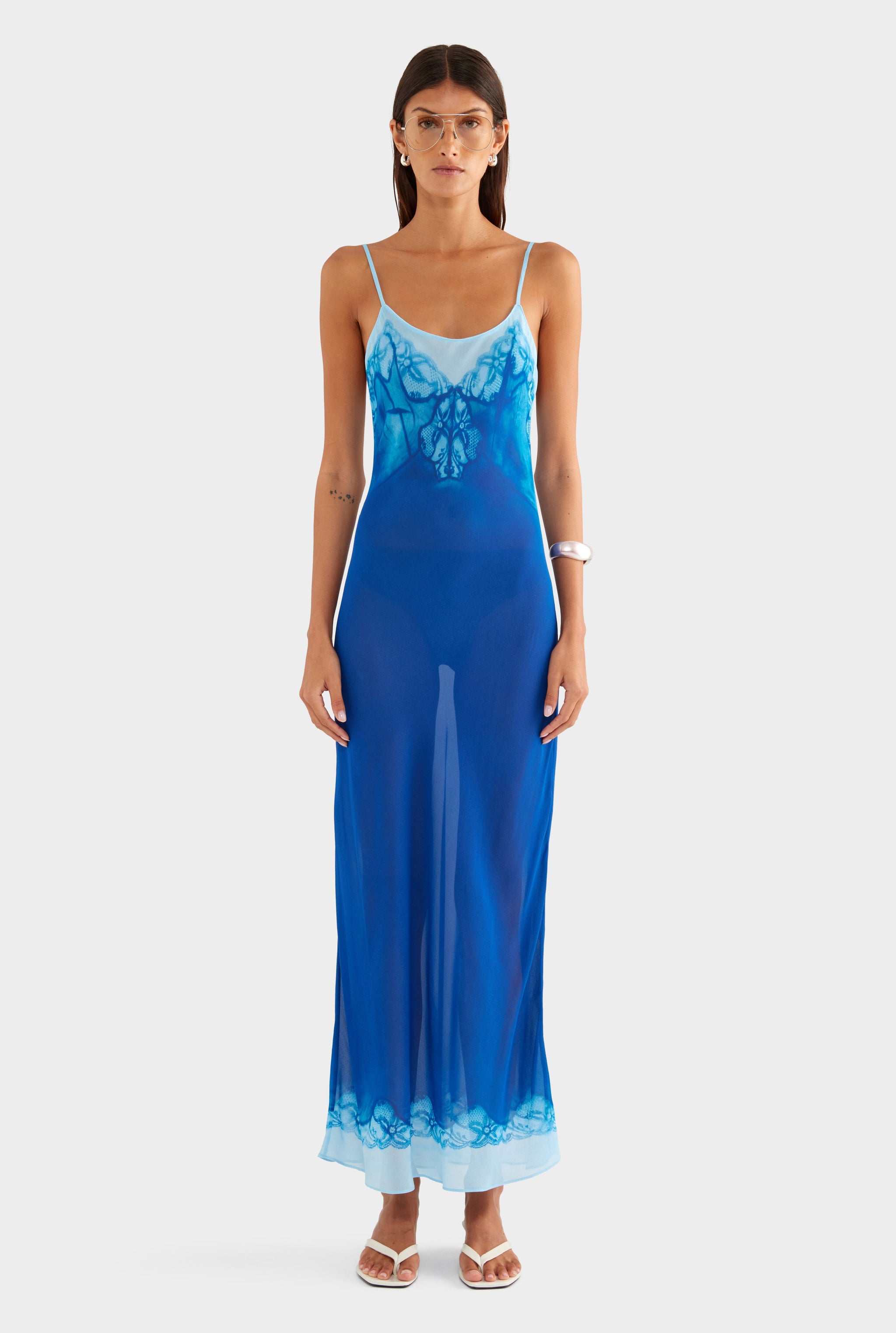 Silk Georgette Slip Dress - Indigo Cyanotype Lace