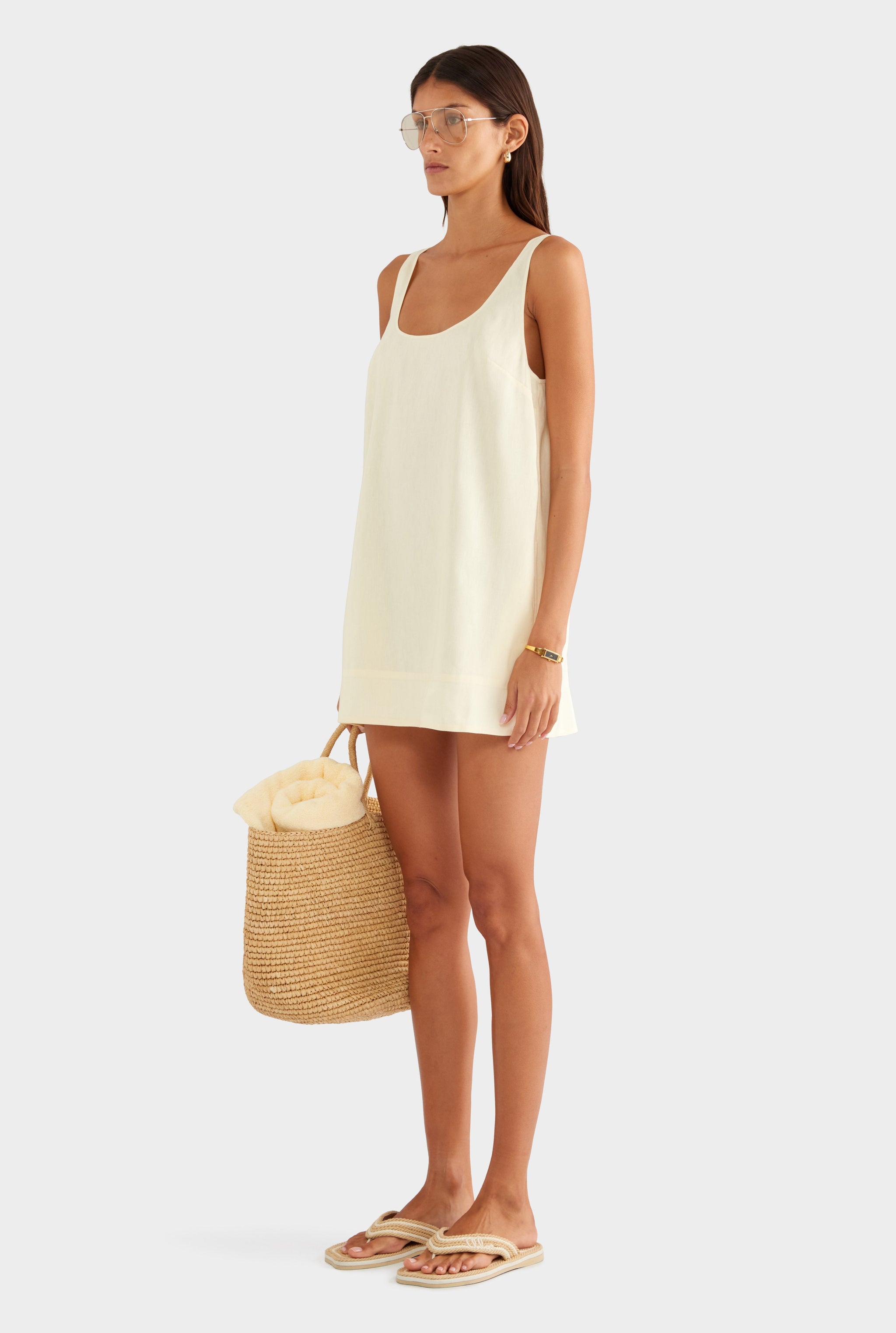 Silk Linen Shift Mini Dress - Buttercream
