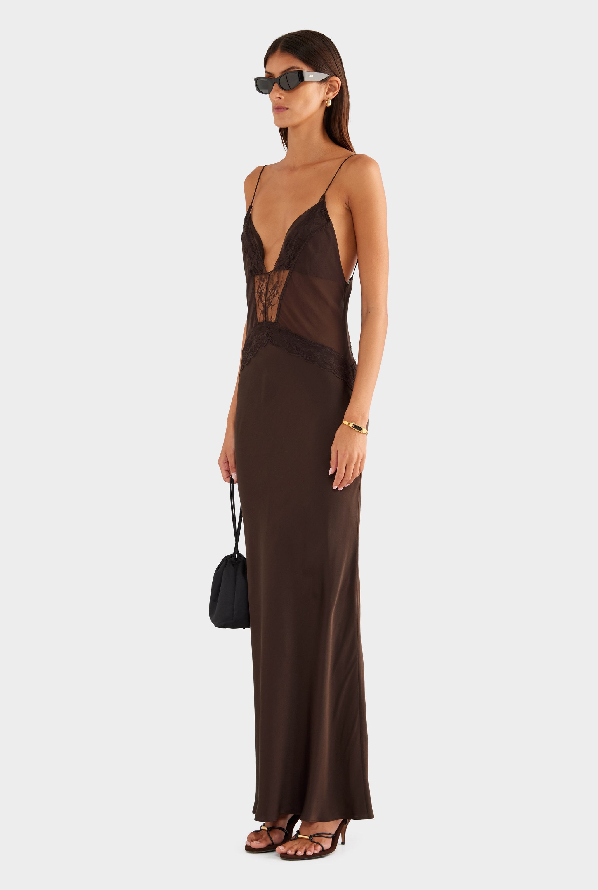 Silk Lace Panelled Slip Dress - Dark Chocolate