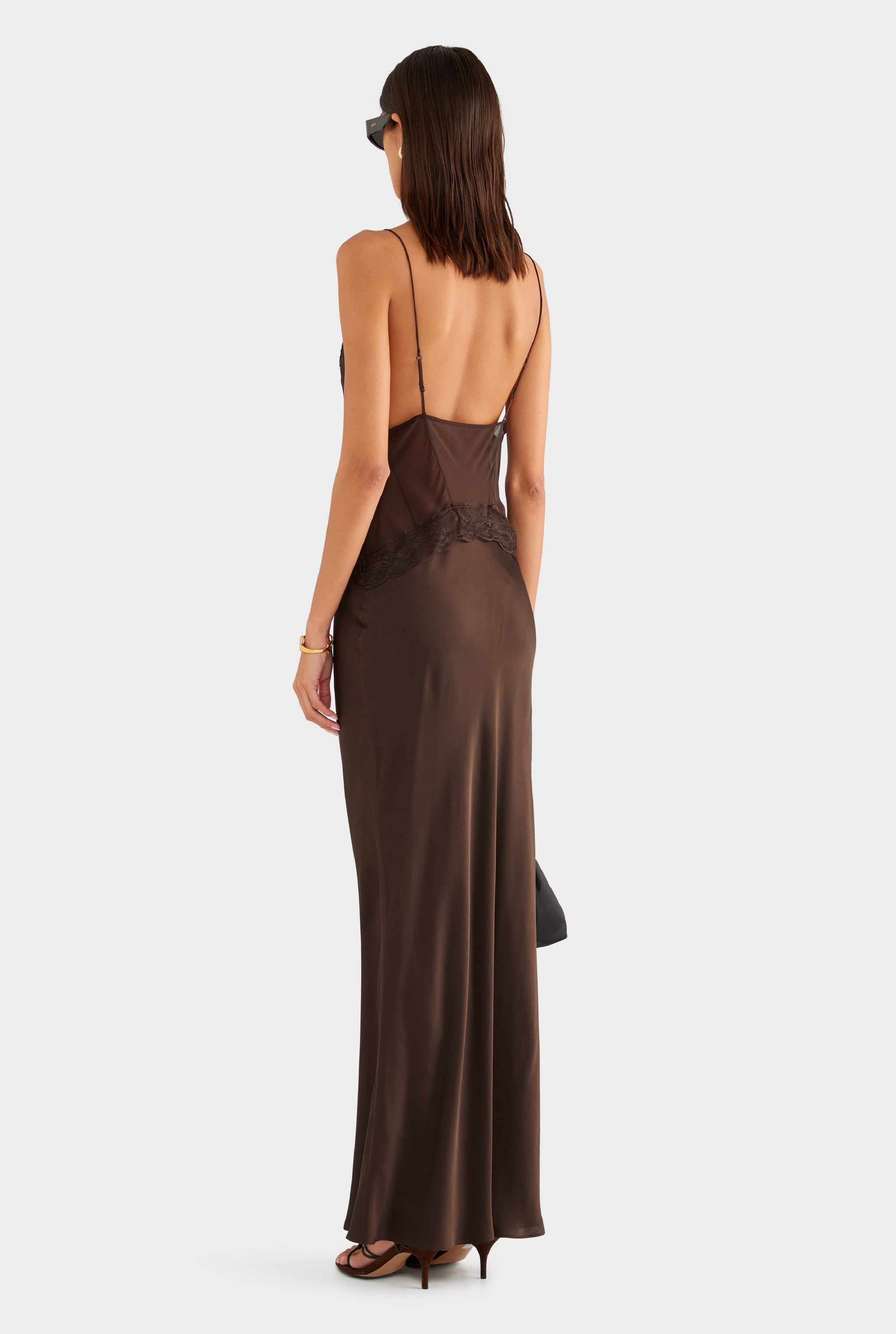 Silk Lace Panelled Slip Dress - Dark Chocolate