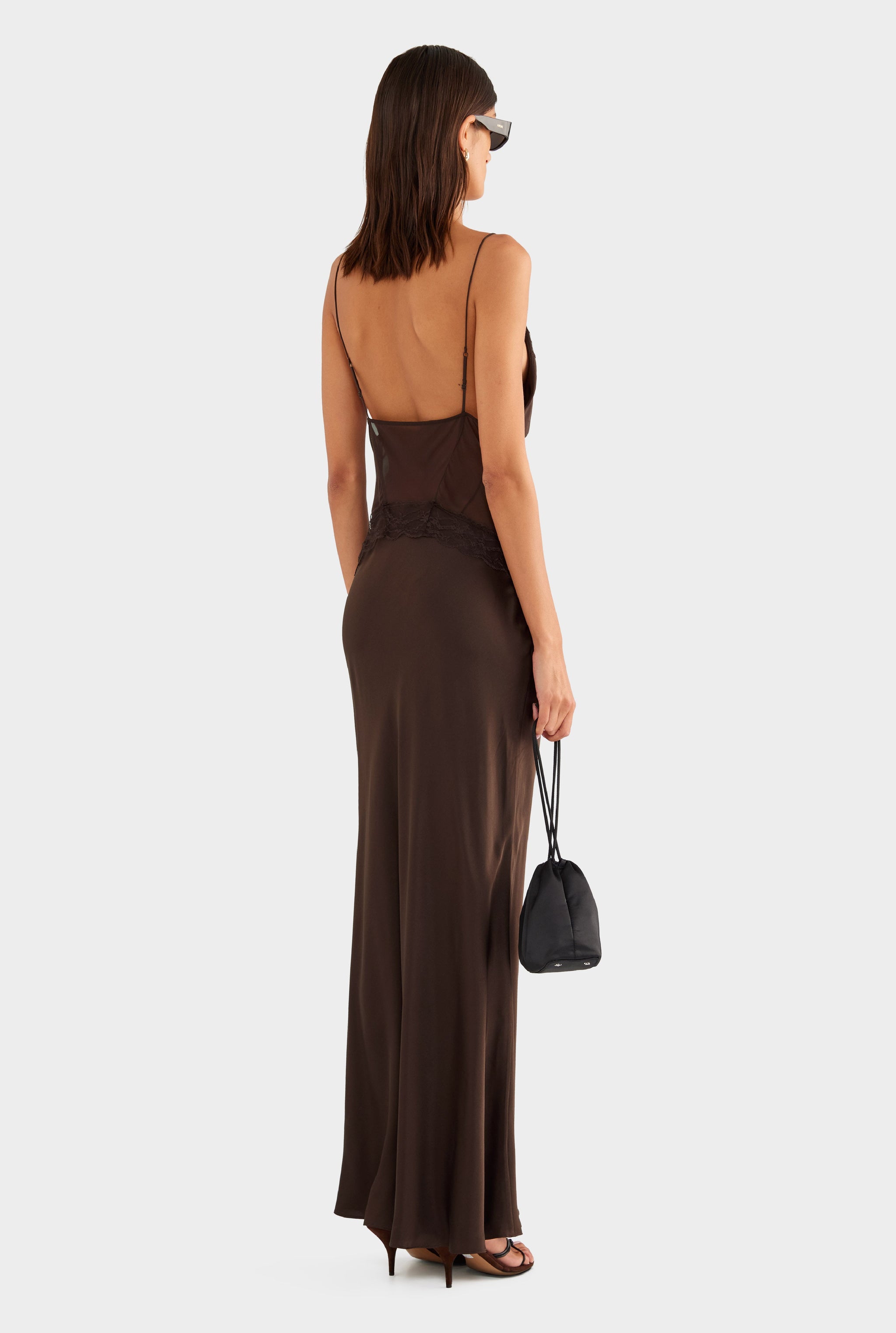 Silk Lace Panelled Slip Dress - Dark Chocolate