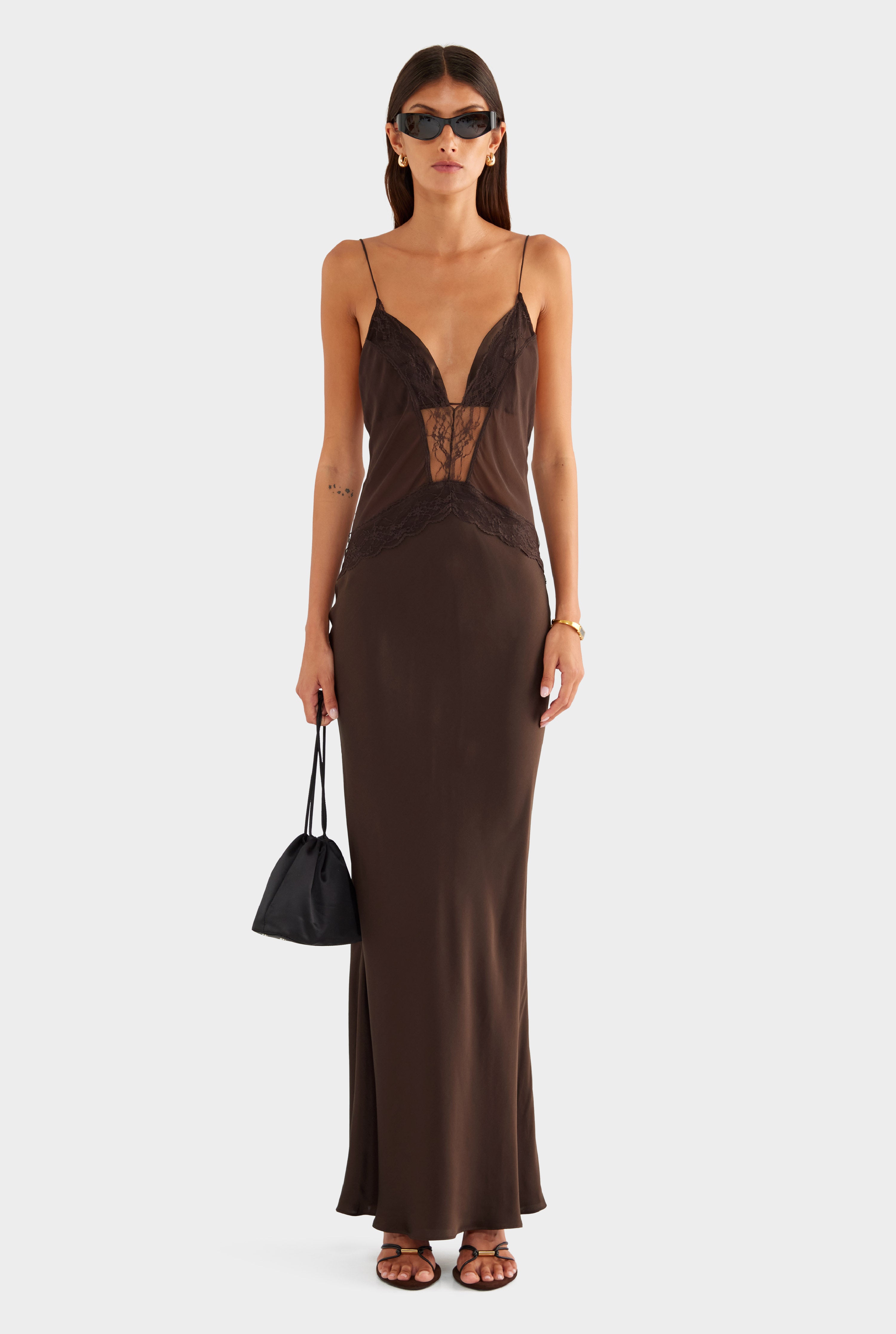 Silk Lace Panelled Slip Dress - Dark Chocolate