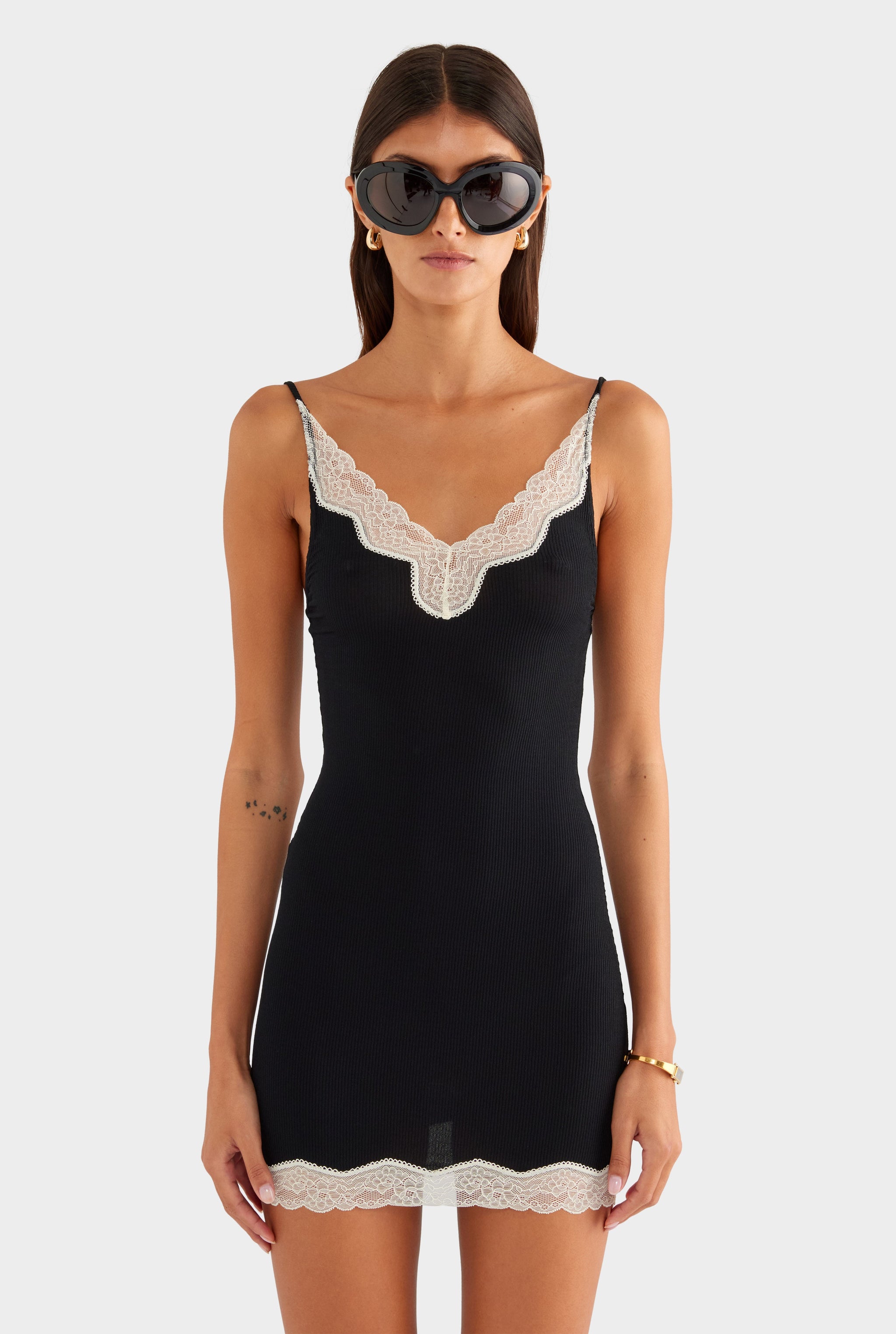 Lace Rib Tank Dress - Black/Antique White