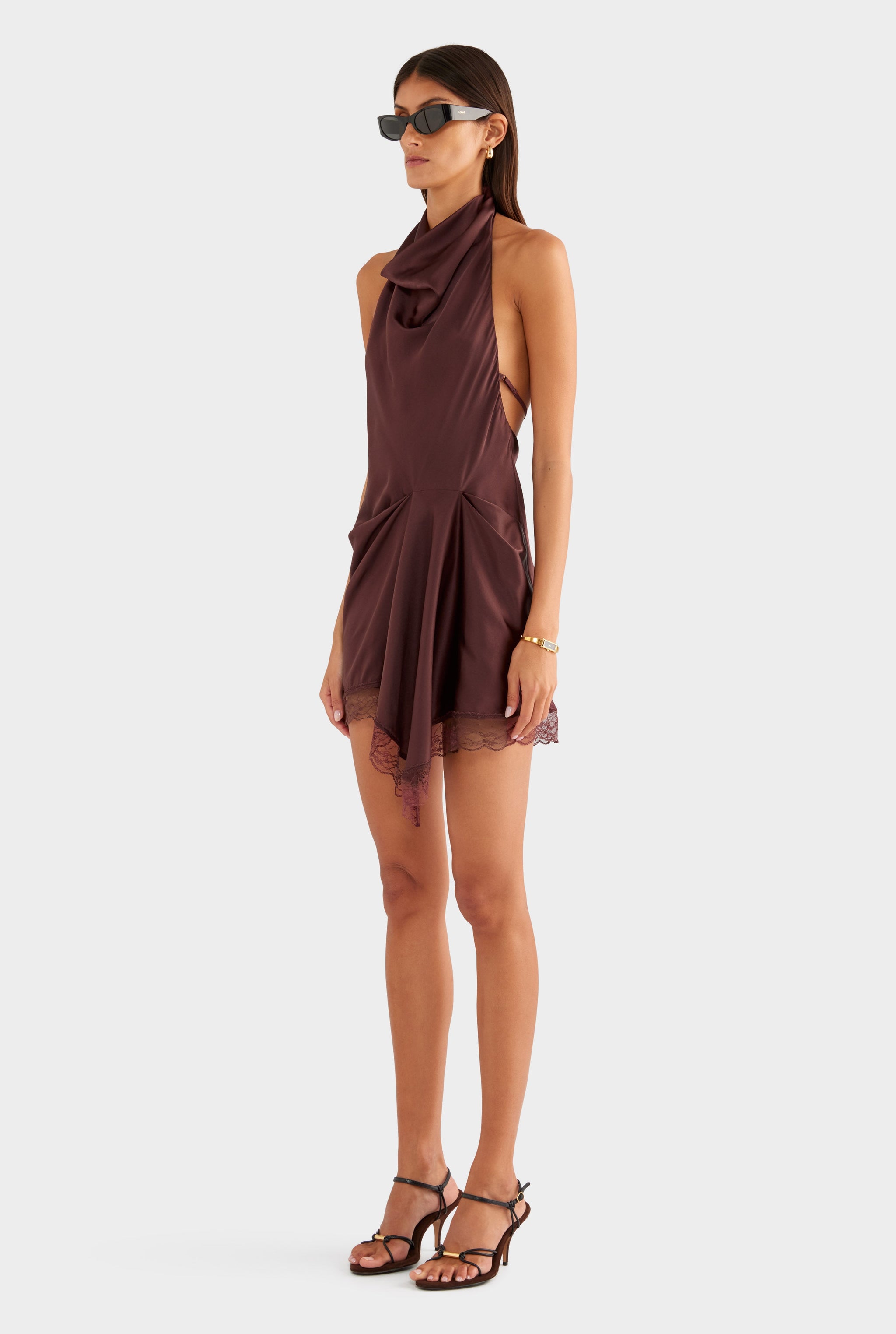 Draped Silk Lace Halter Mini Dress - Dark Plum