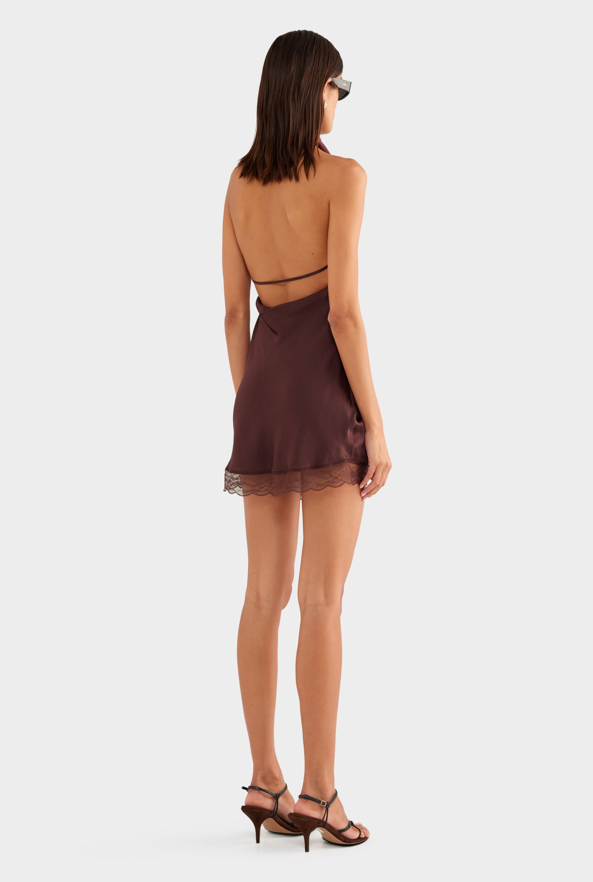 Draped Silk Lace Halter Mini Dress - Dark Plum