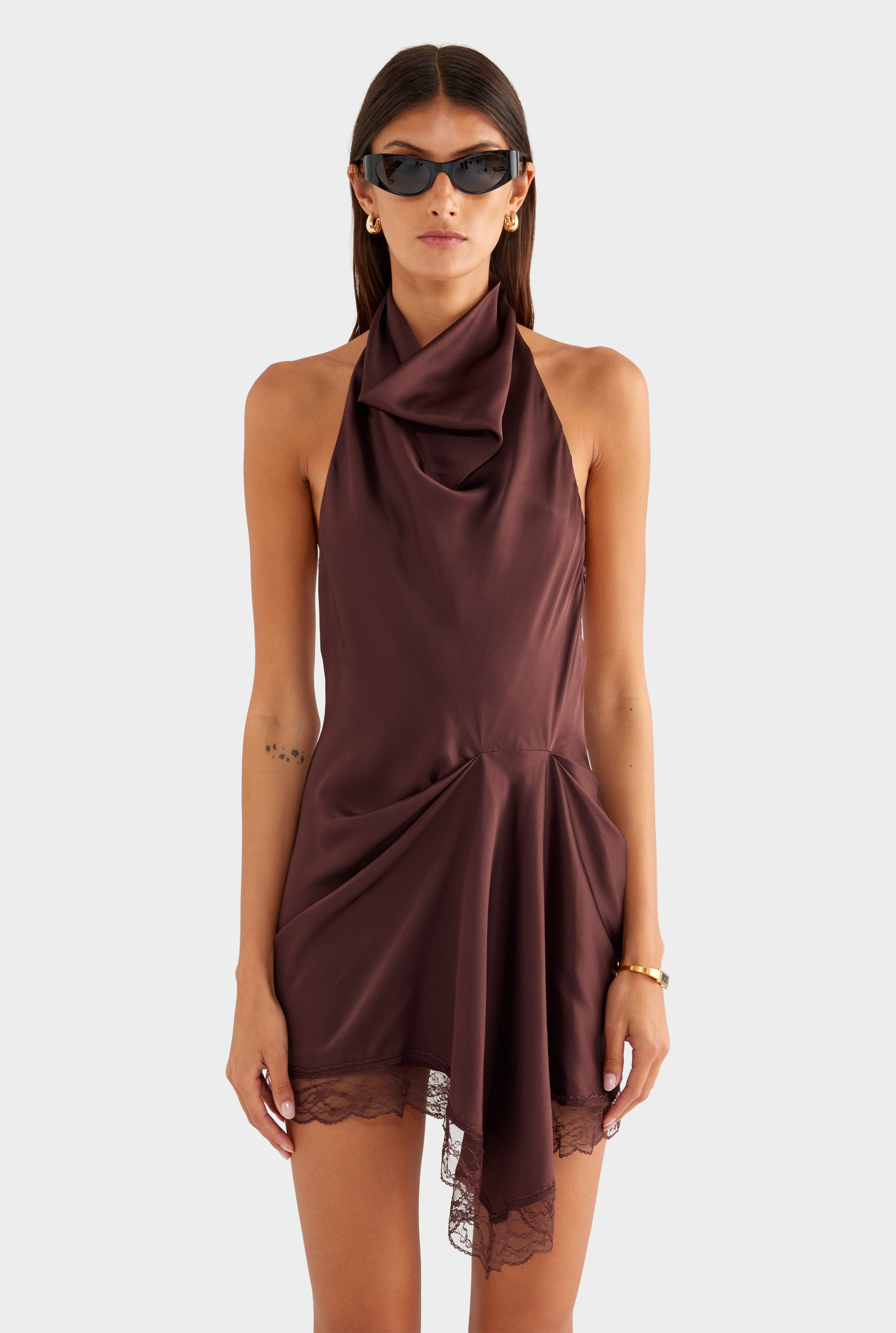 Draped Silk Lace Halter Mini Dress - Dark Plum