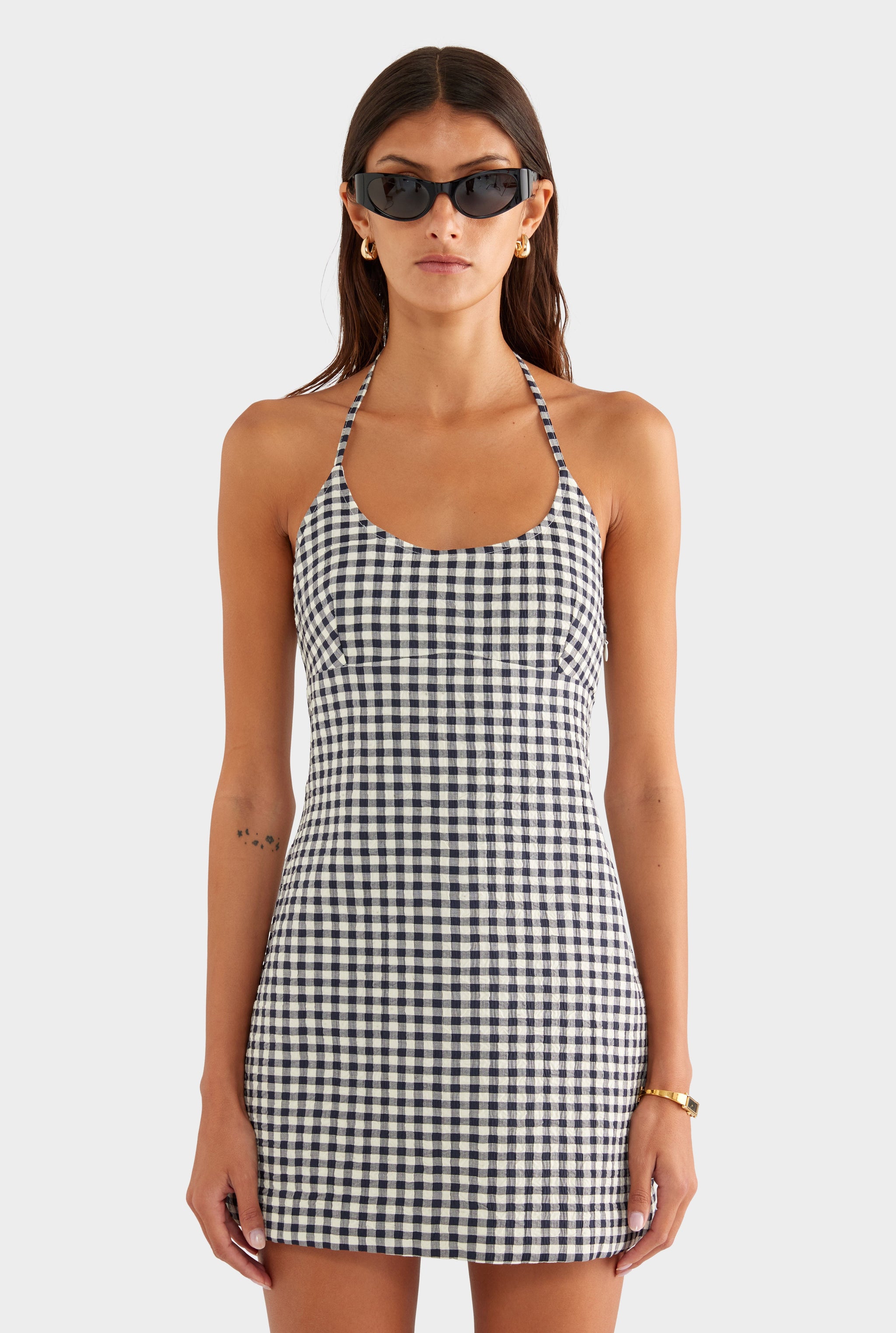 Scoop Neck Halter Mini Dress - Navy/Cream Gingham