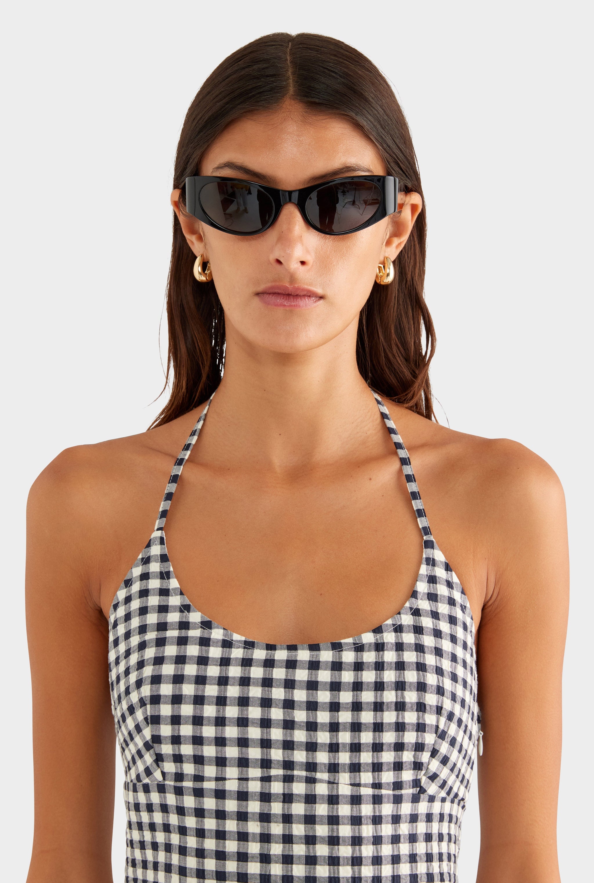 Scoop Neck Halter Mini Dress - Navy/Cream Gingham