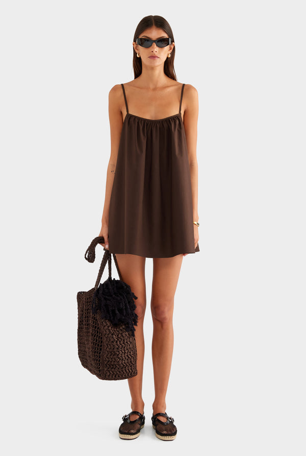 Cotton Poplin A Line Mini Dress - Dark Chocolate