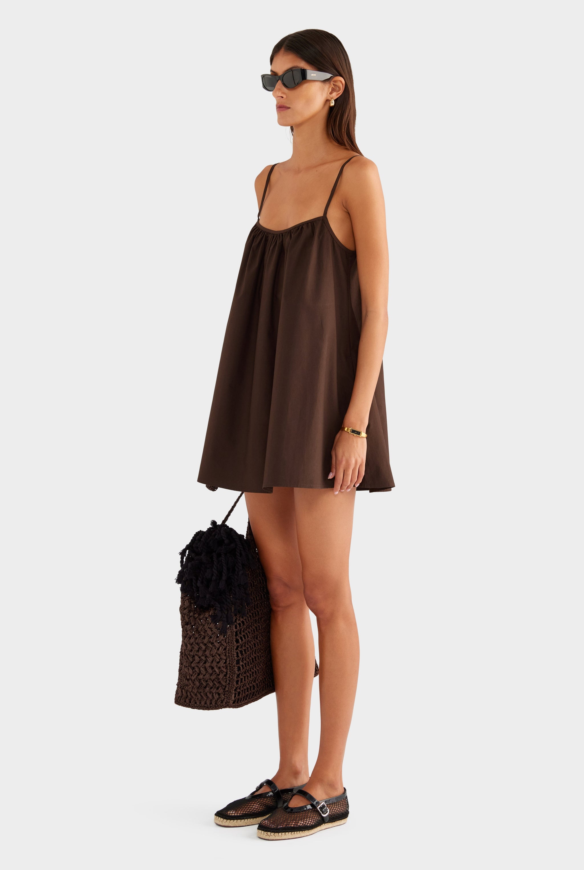 Cotton Poplin A Line Mini Dress - Dark Chocolate