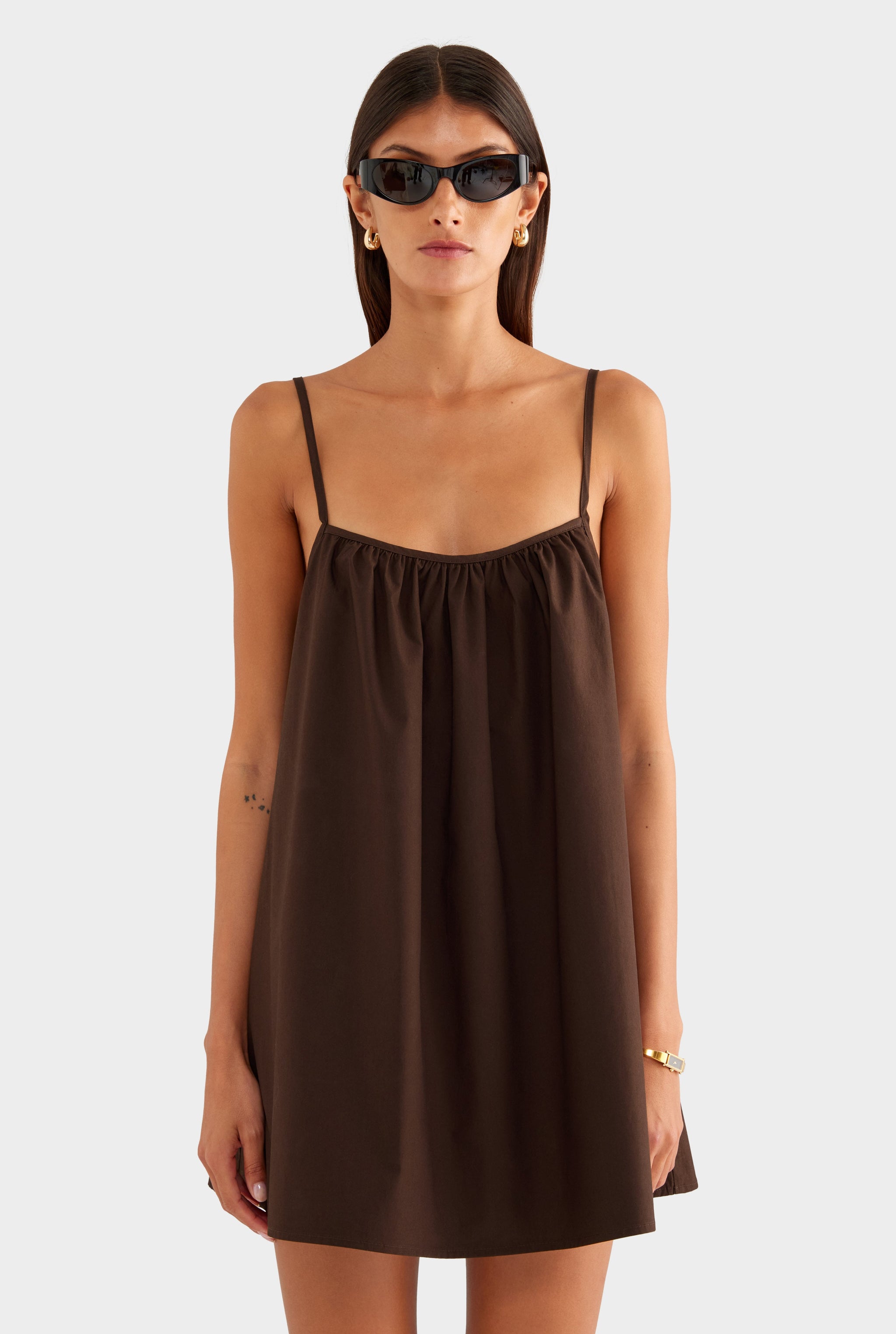 Cotton Poplin A Line Mini Dress - Dark Chocolate