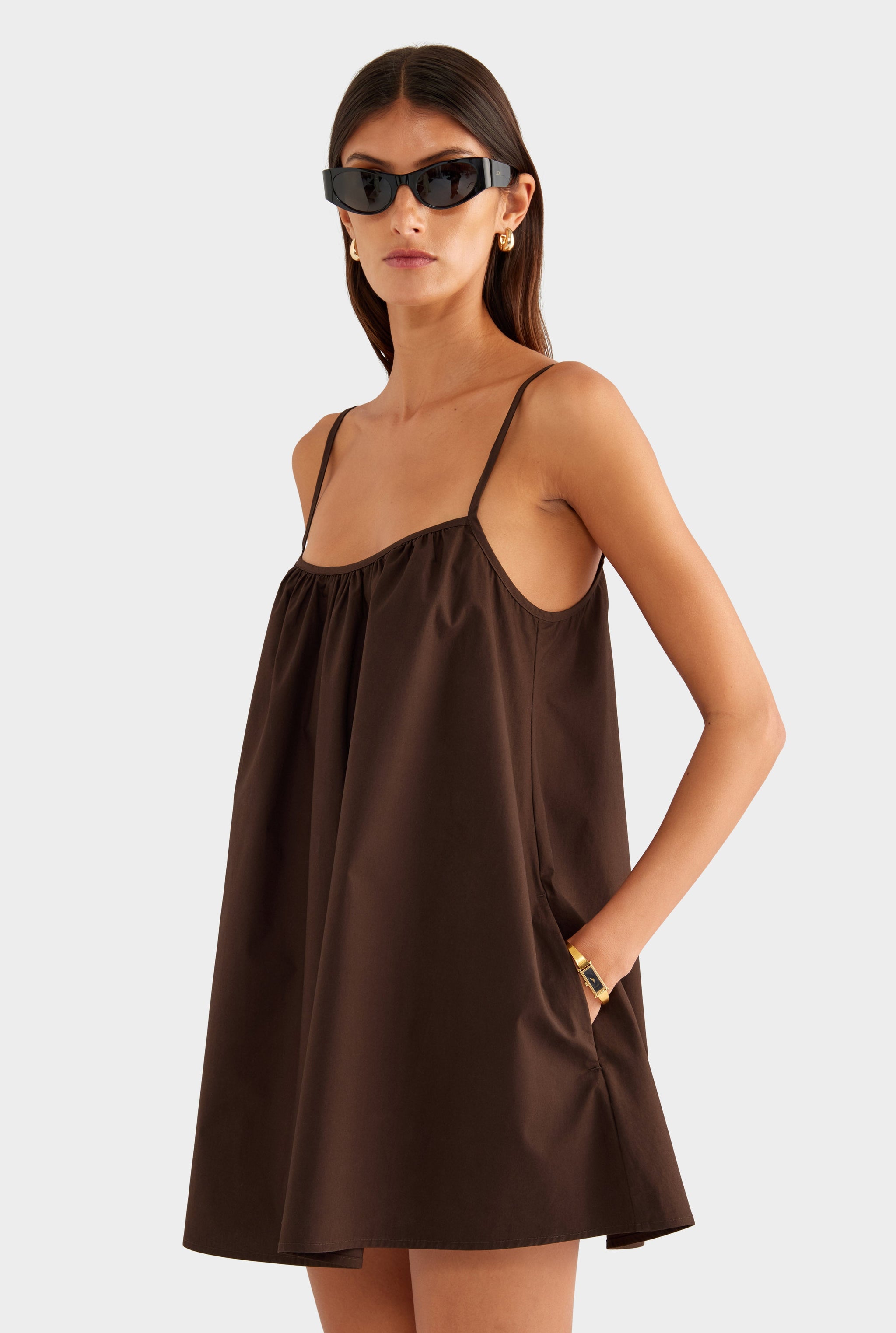 Cotton Poplin A Line Mini Dress - Dark Chocolate