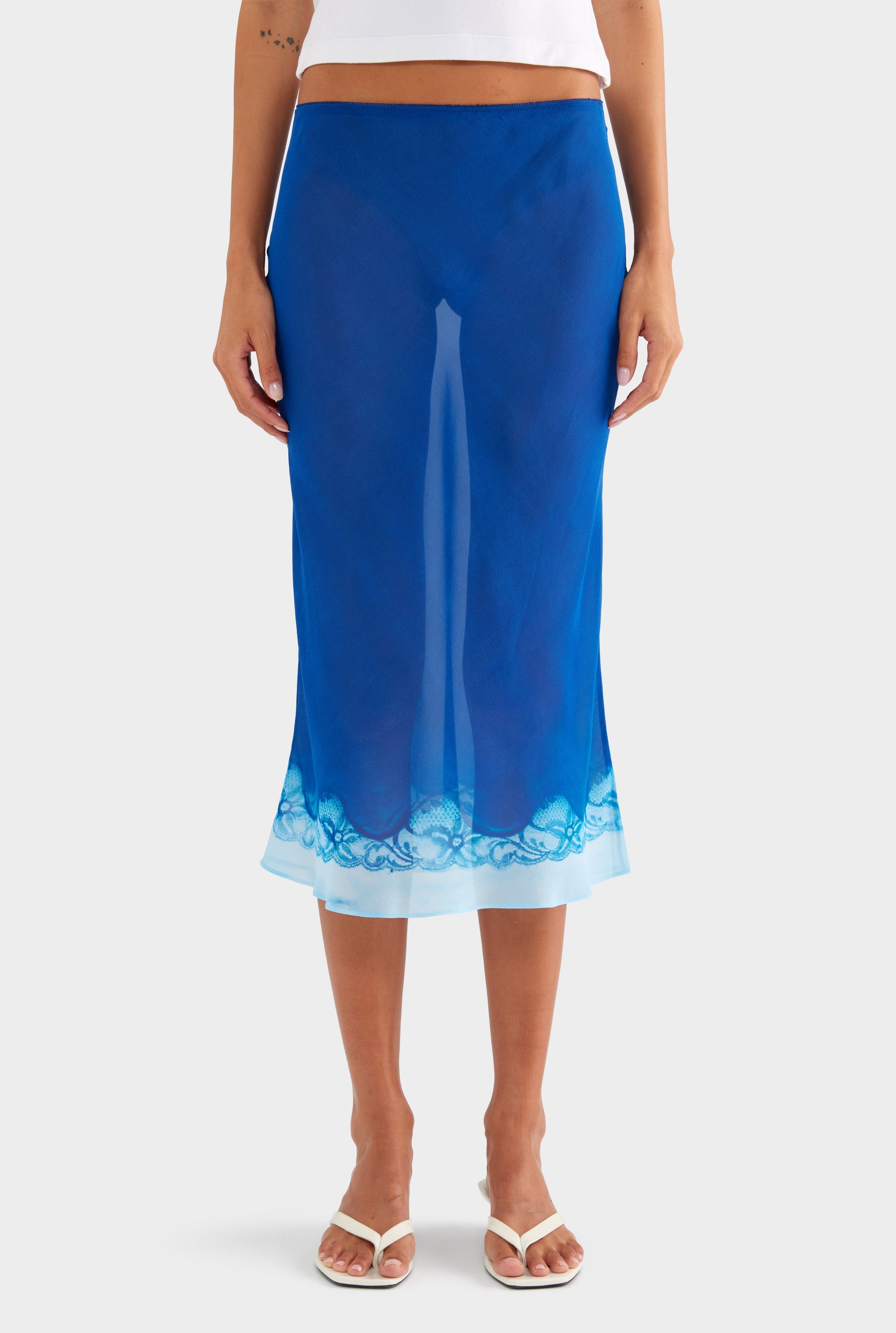 Silk Bias Midi Skirt - Indigo Cyanotype Lace