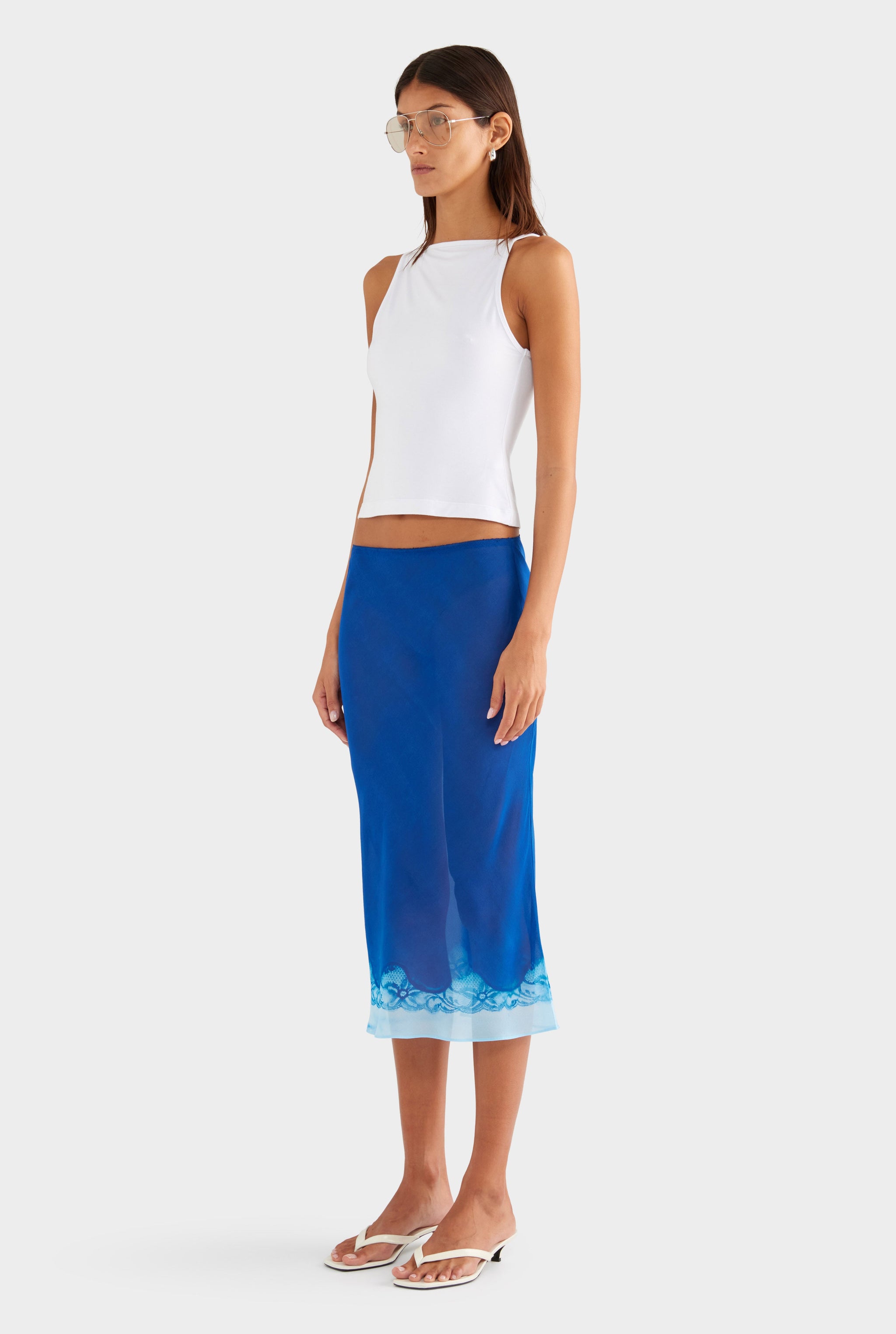 Silk Bias Midi Skirt - Indigo Cyanotype Lace