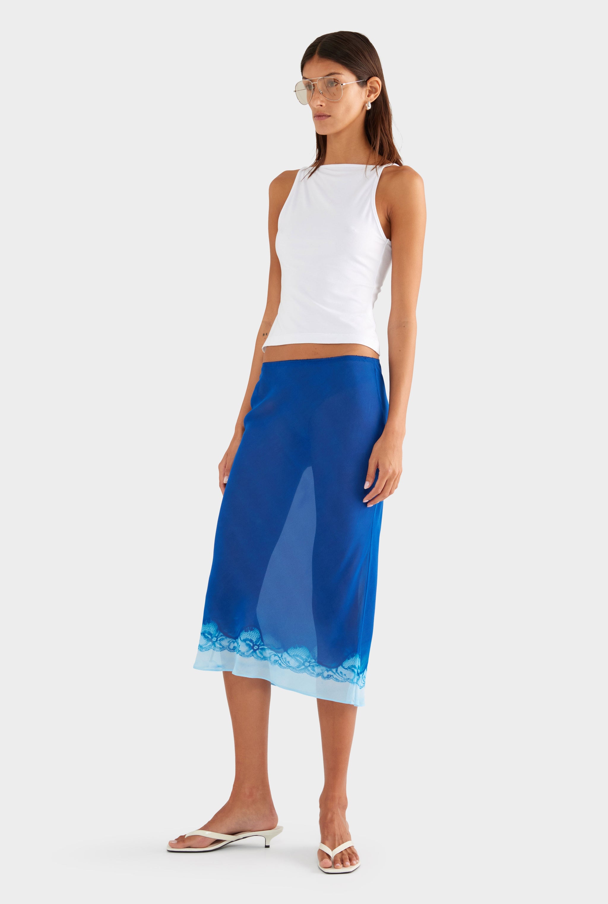 Silk Bias Midi Skirt - Indigo Cyanotype Lace