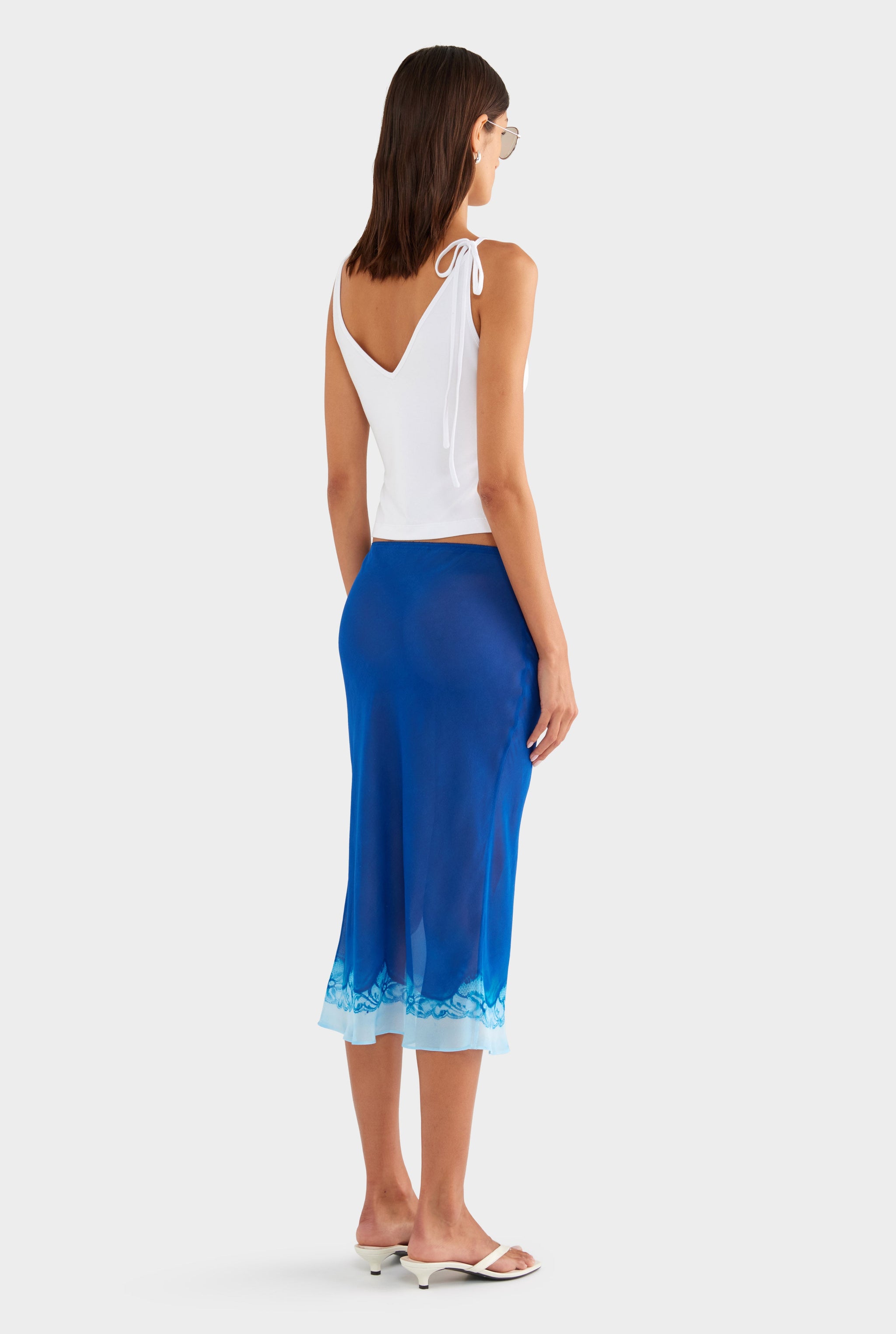 Silk Bias Midi Skirt - Indigo Cyanotype Lace