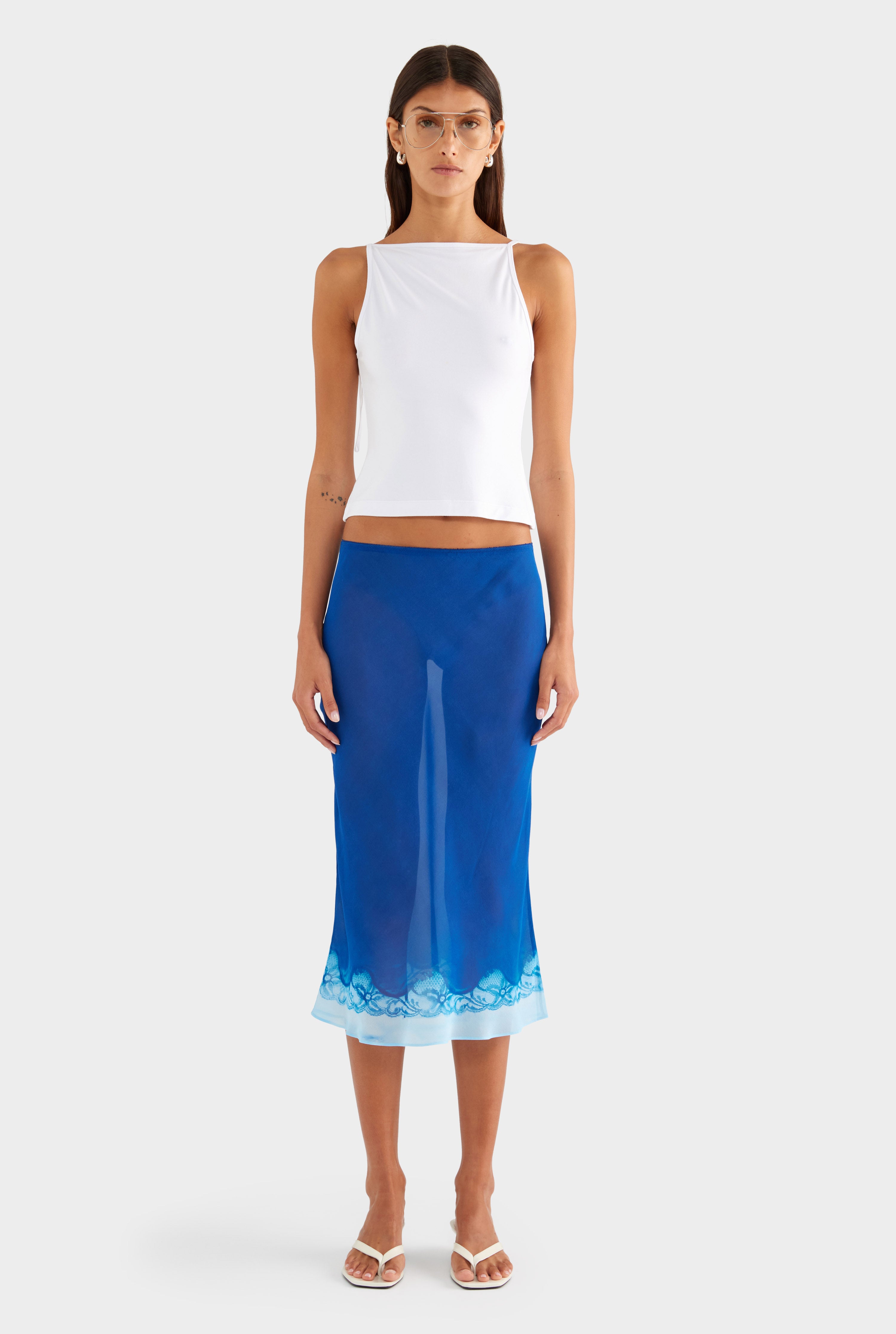 Silk Bias Midi Skirt - Indigo Cyanotype Lace