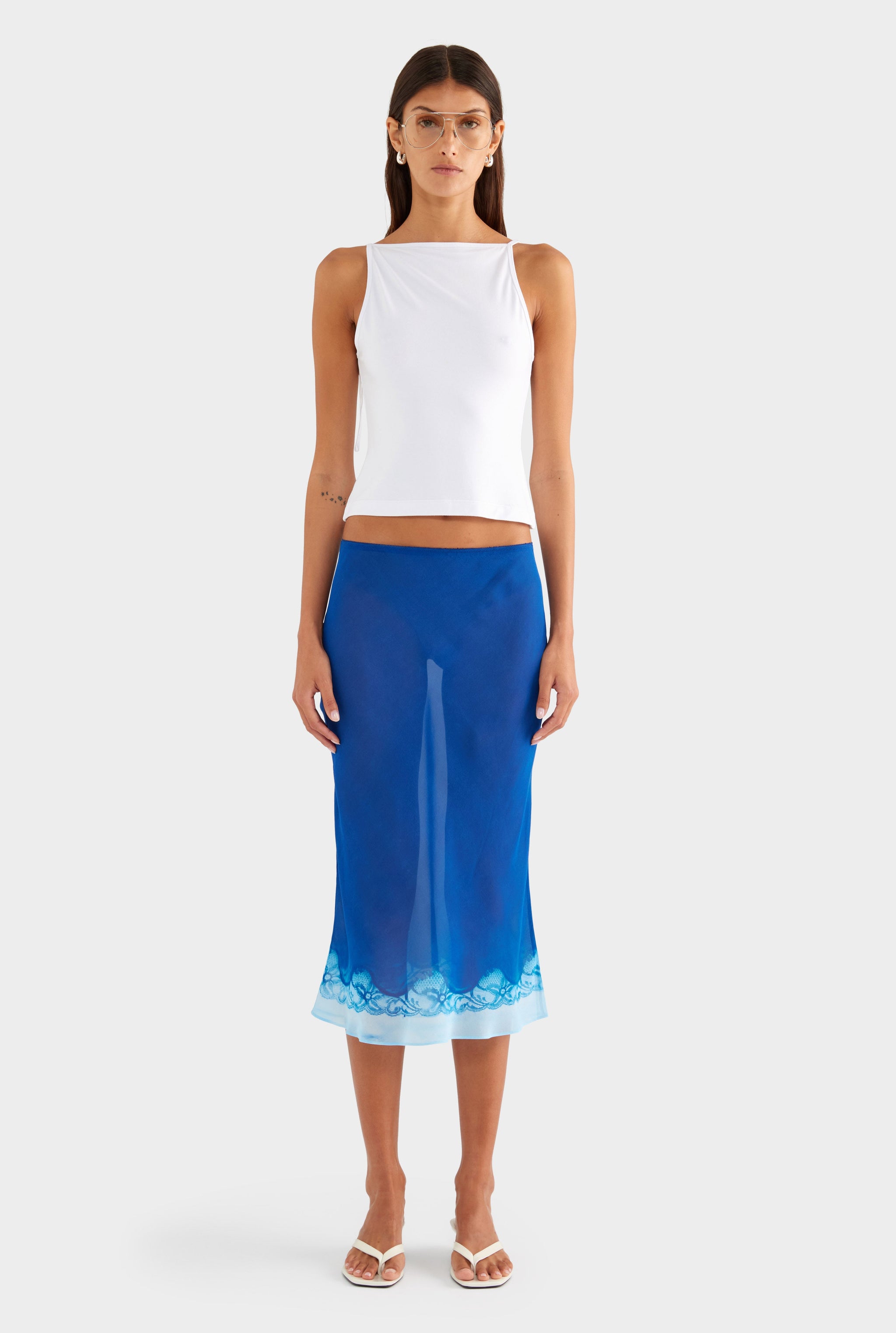 Silk Bias Midi Skirt - Indigo Cyanotype Lace