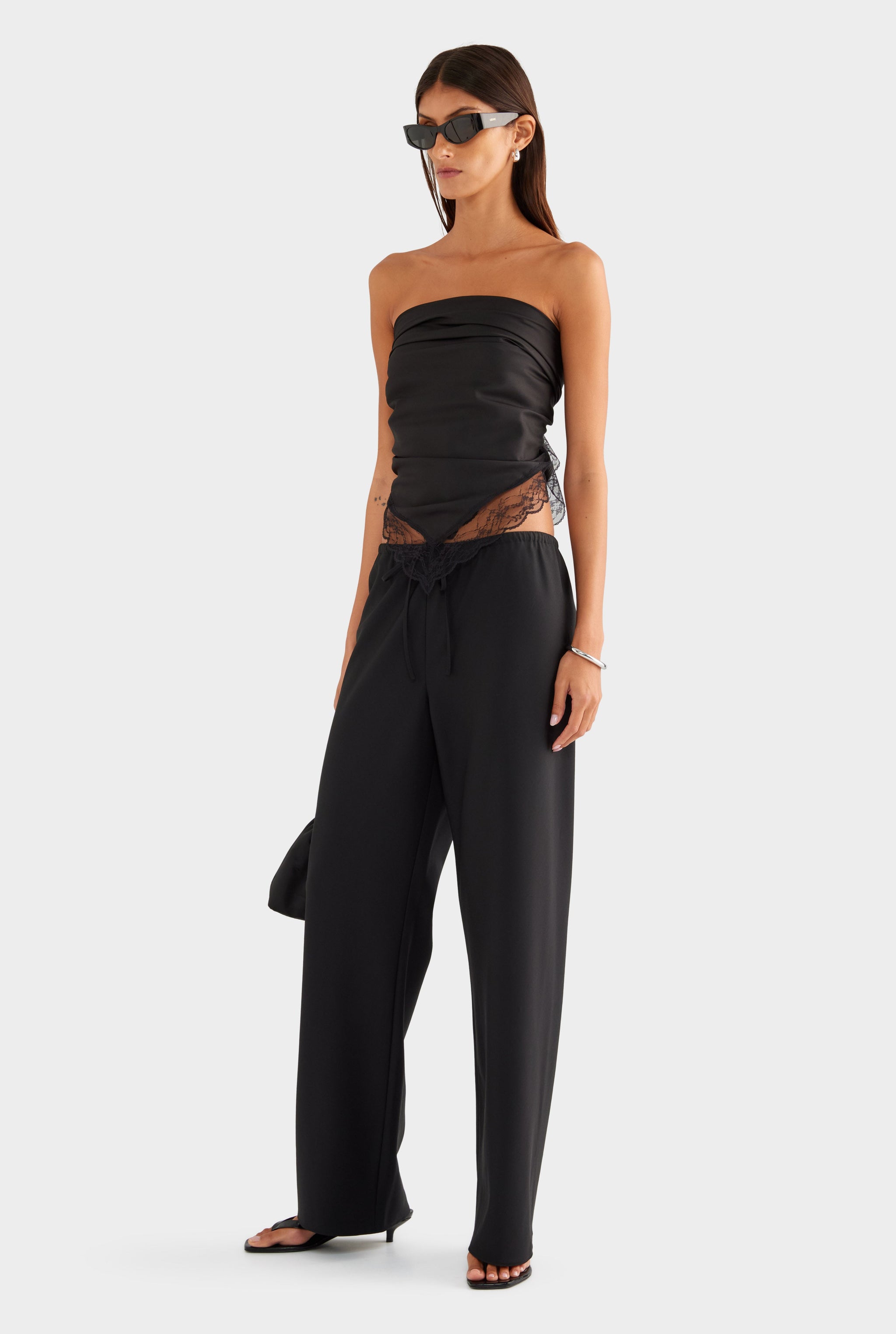 Lace Trim Silk Scarf - Black