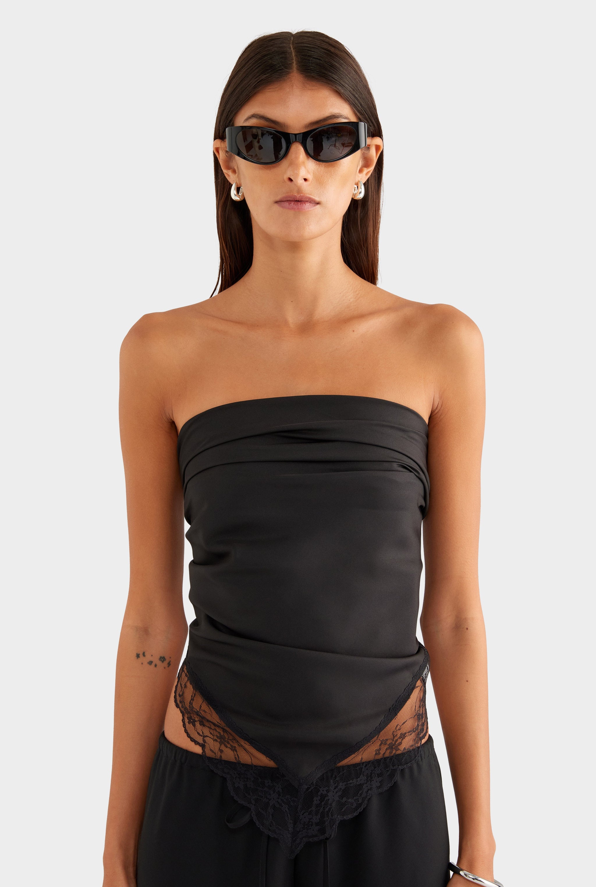 Lace Trim Silk Scarf - Black