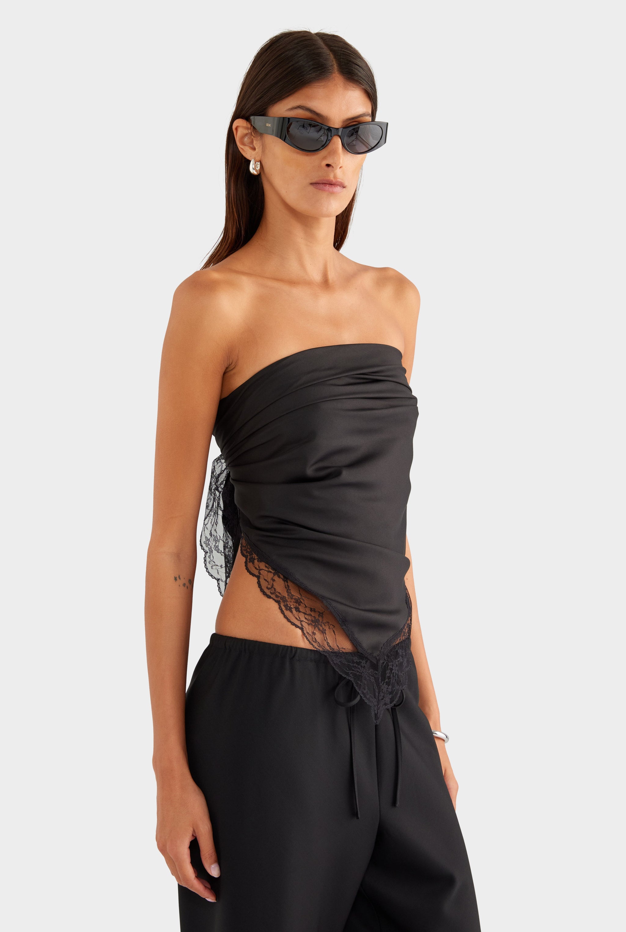 Lace Trim Silk Scarf - Black