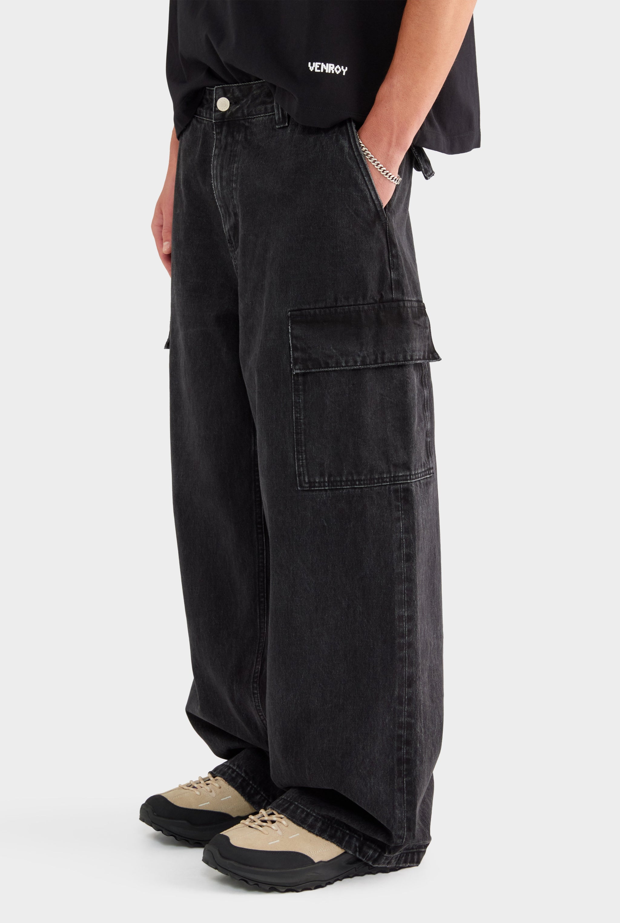 Baggy Denim Cargo - Washed Black