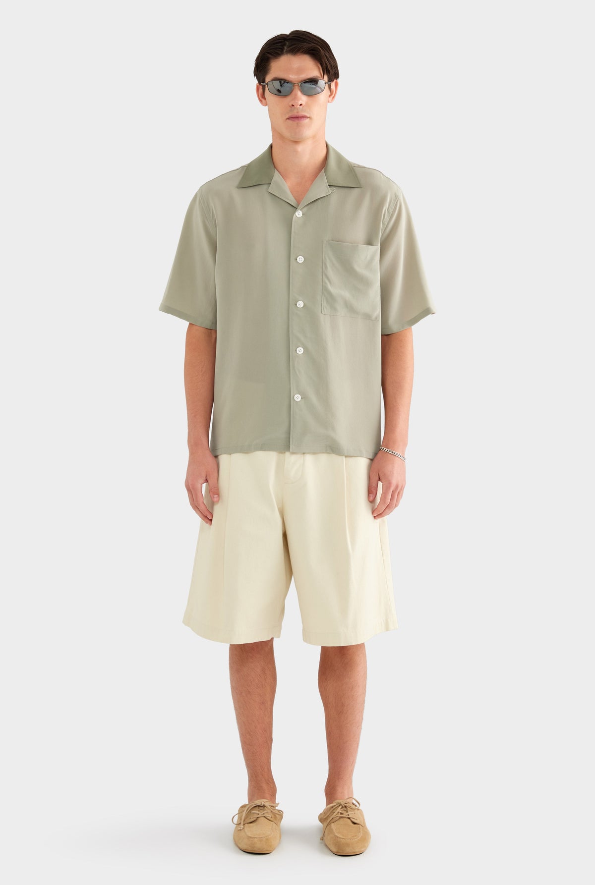 Short Sleeve Silk Camp Collar Shirt - Dried Sage/Slate Olive