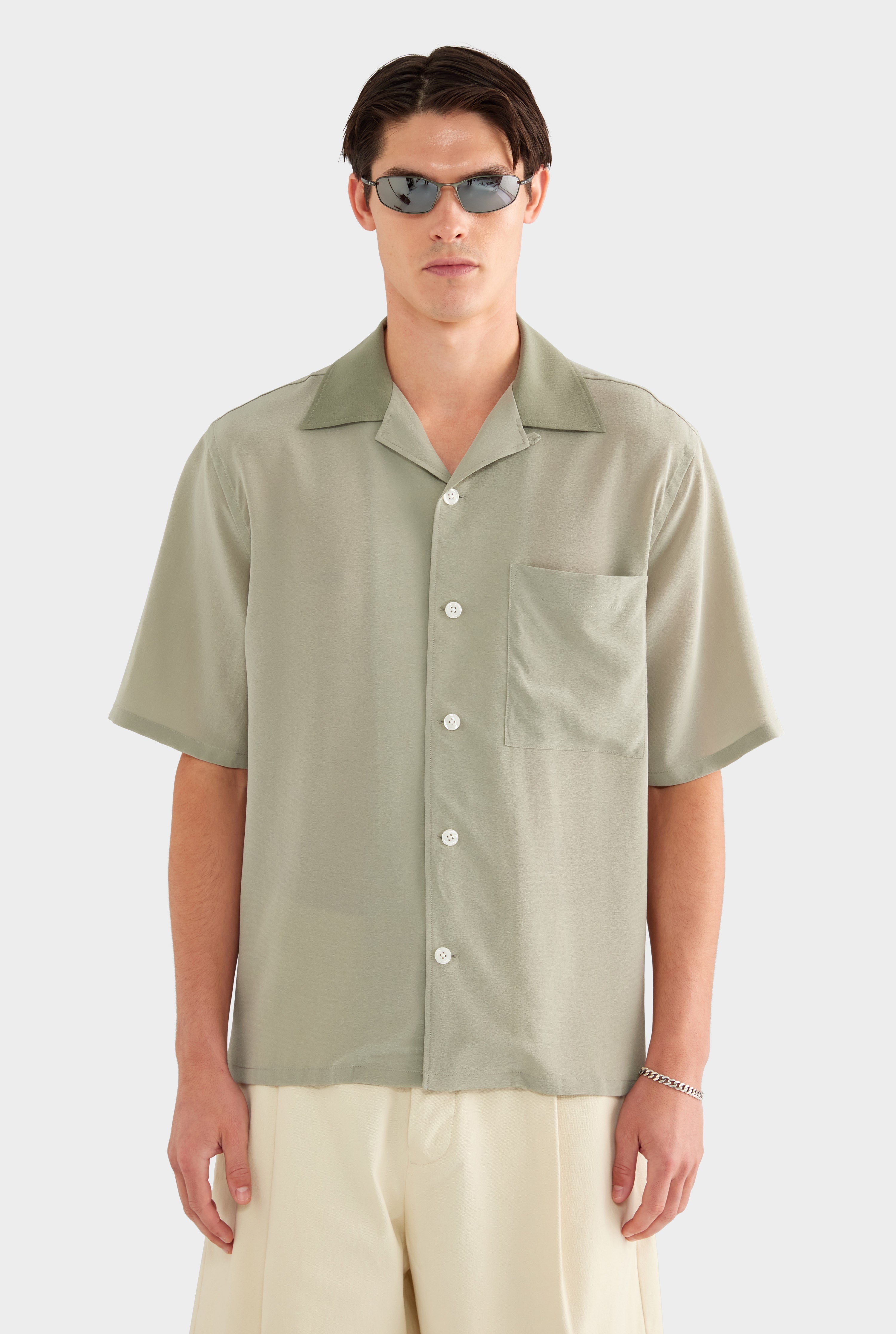 Short Sleeve Silk Camp Collar Shirt - Dried Sage/Slate Olive