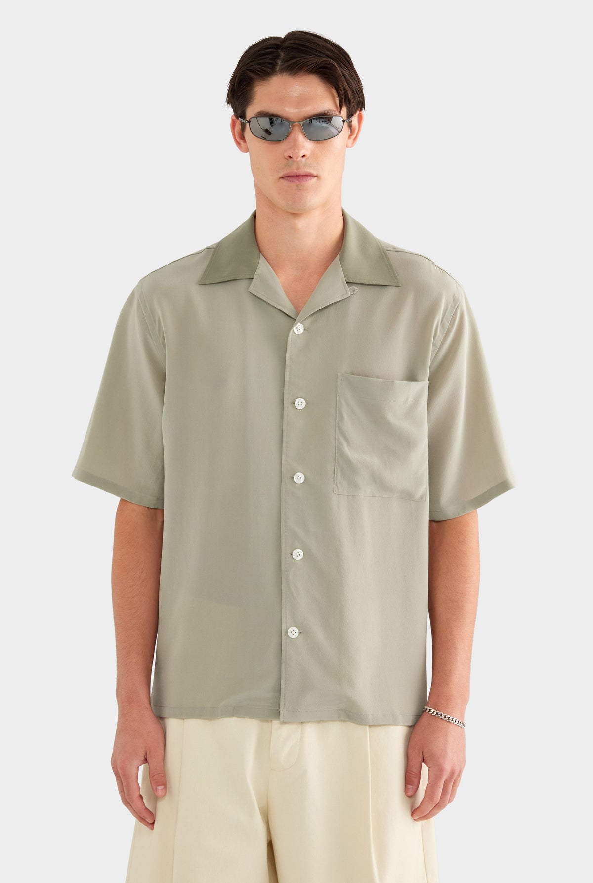 Short Sleeve Silk Camp Collar Shirt - Dried Sage/Slate Olive