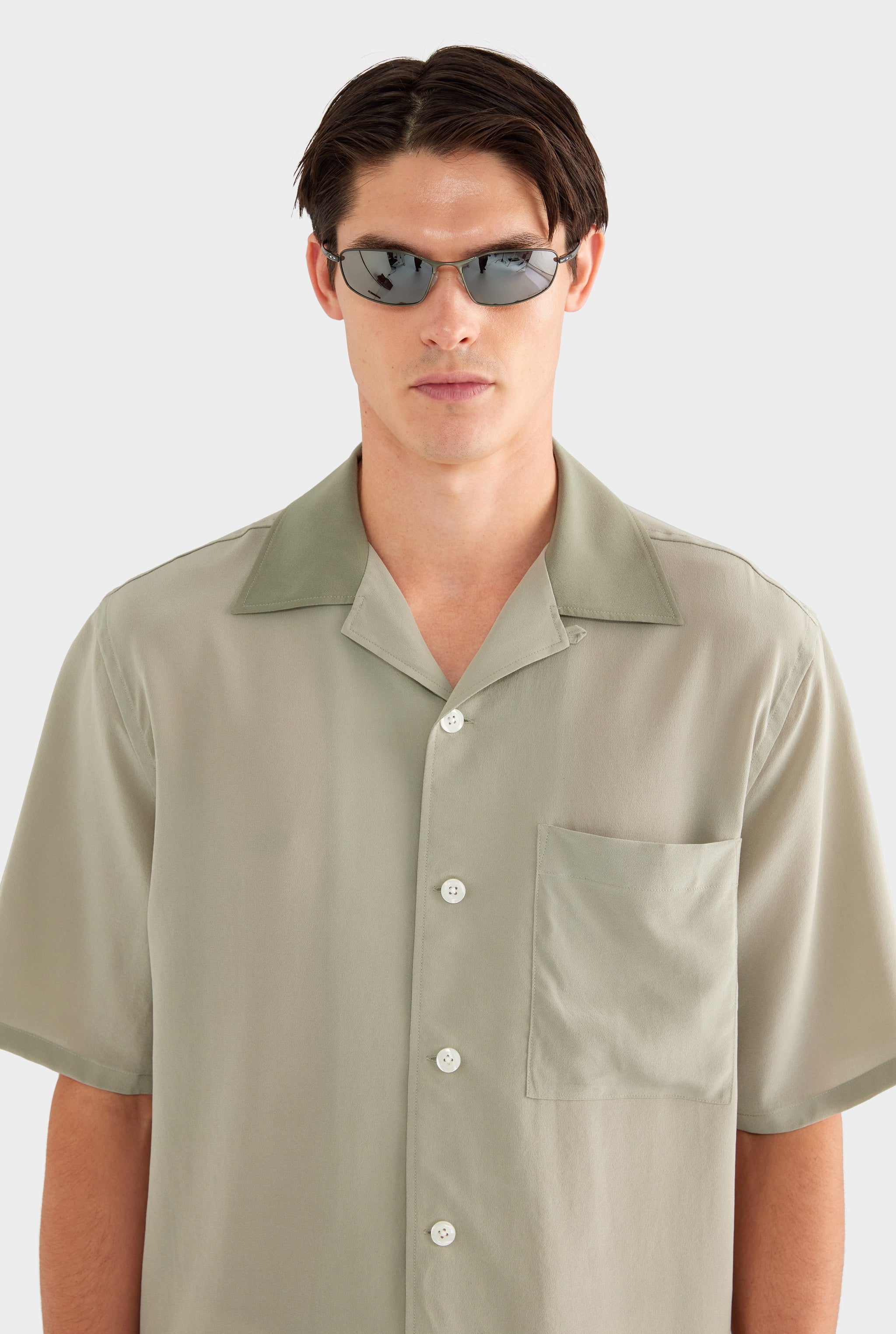 Short Sleeve Silk Camp Collar Shirt - Dried Sage/Slate Olive
