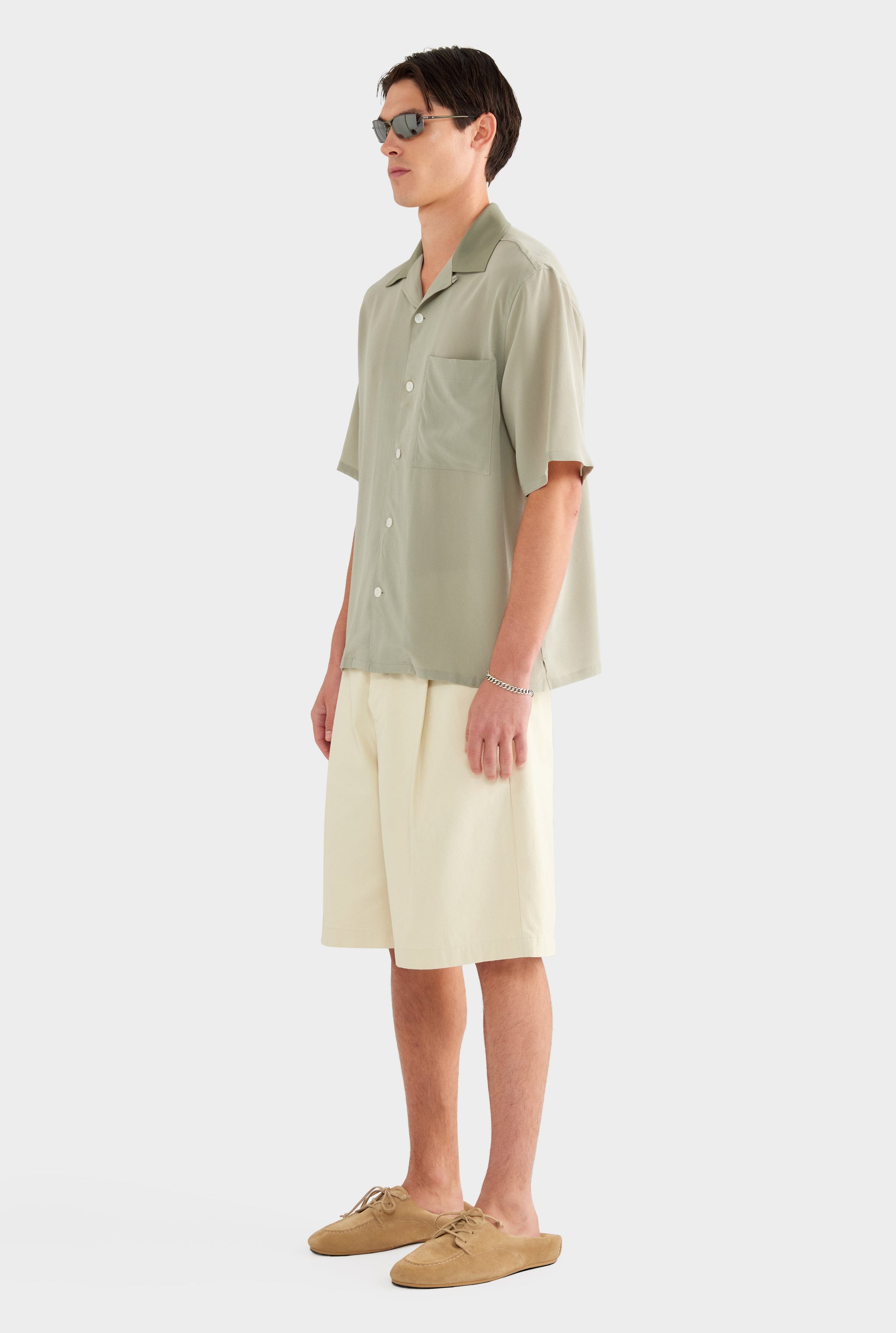 Short Sleeve Silk Camp Collar Shirt - Dried Sage/Slate Olive