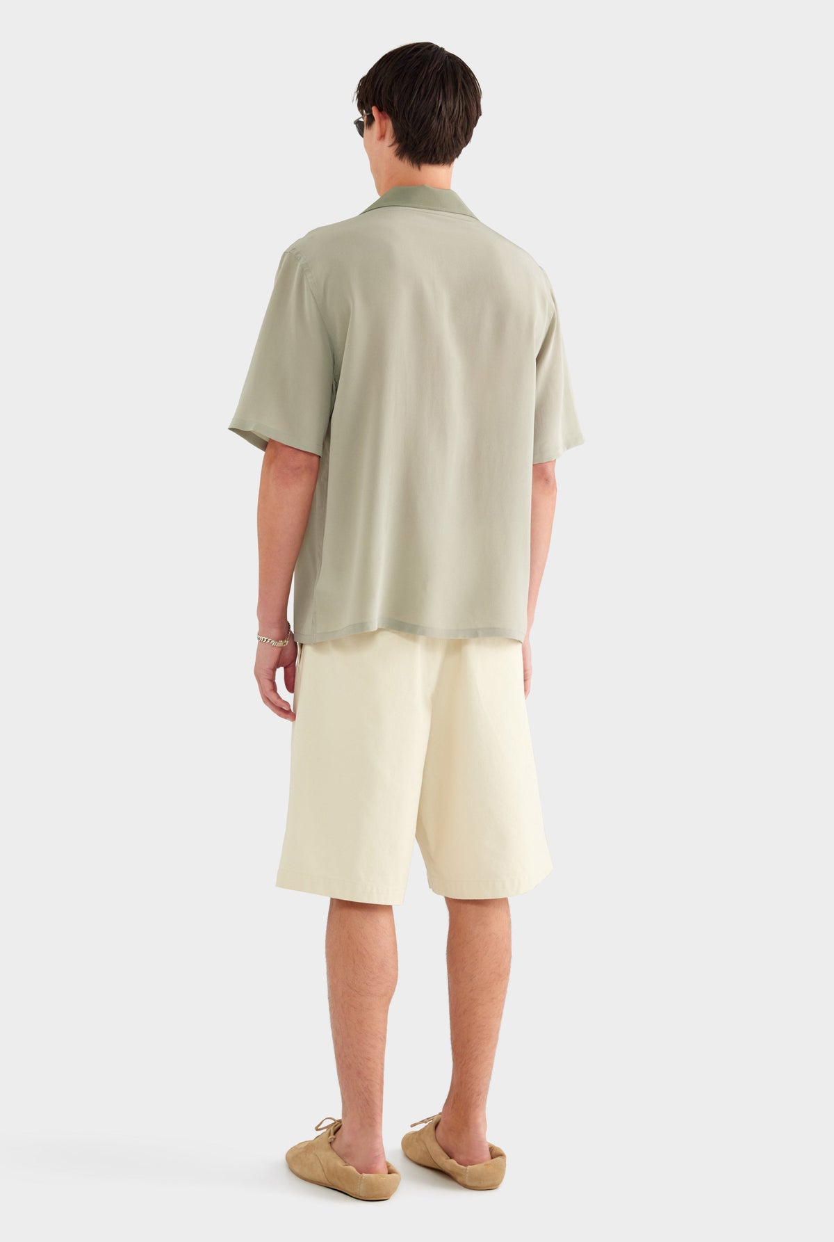 Short Sleeve Silk Camp Collar Shirt - Dried Sage/Slate Olive