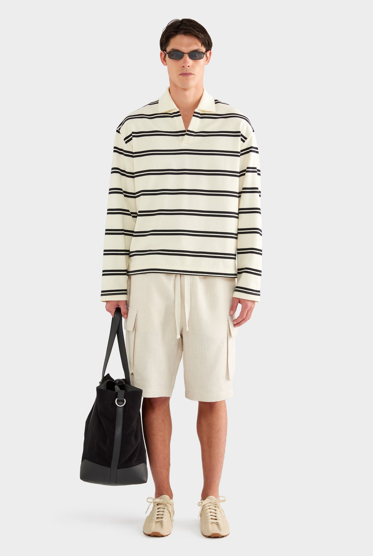 Open Neck Stripe Cotton Polo - Cream/Black Stripe