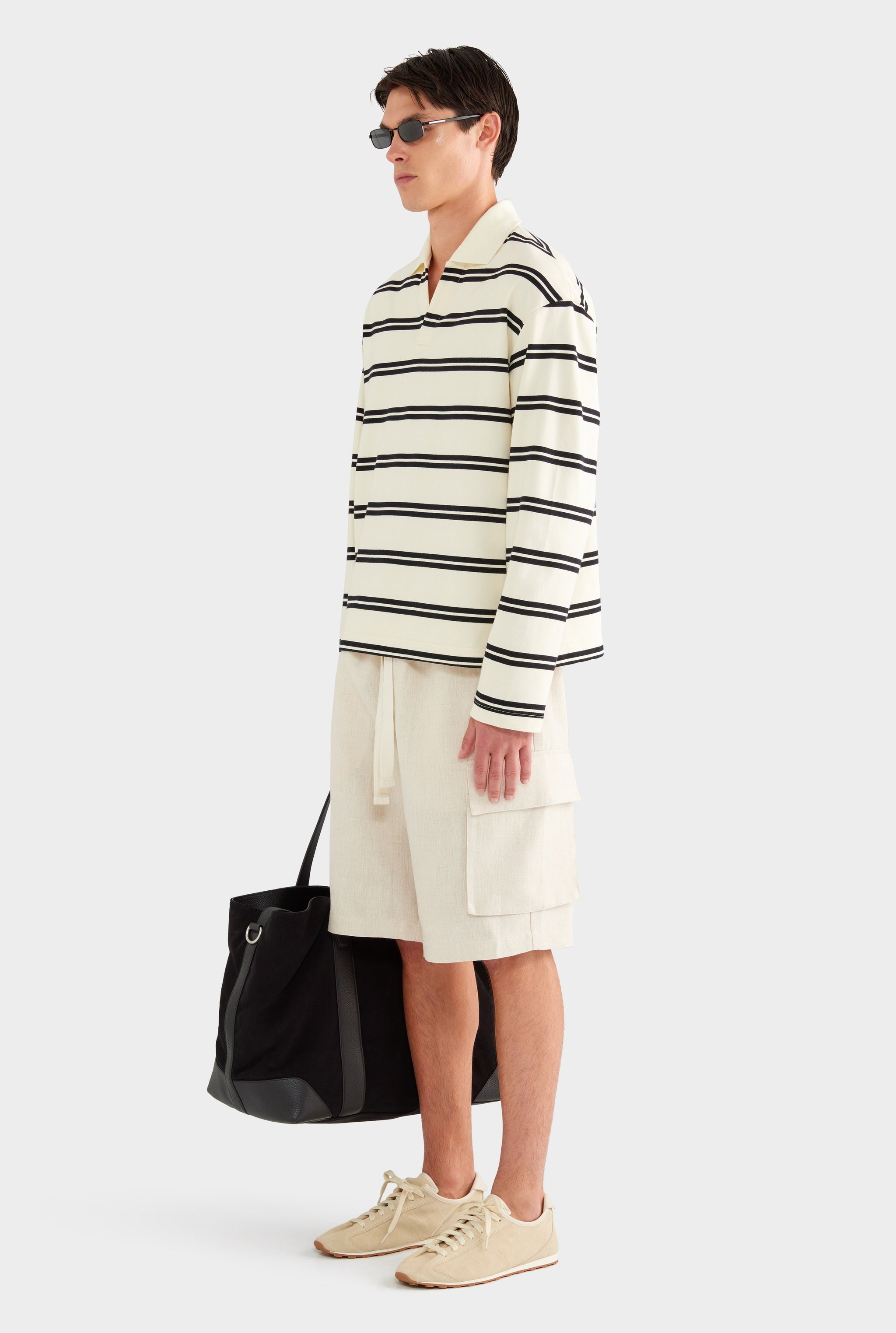 Open Neck Stripe Cotton Polo - Cream/Black Stripe