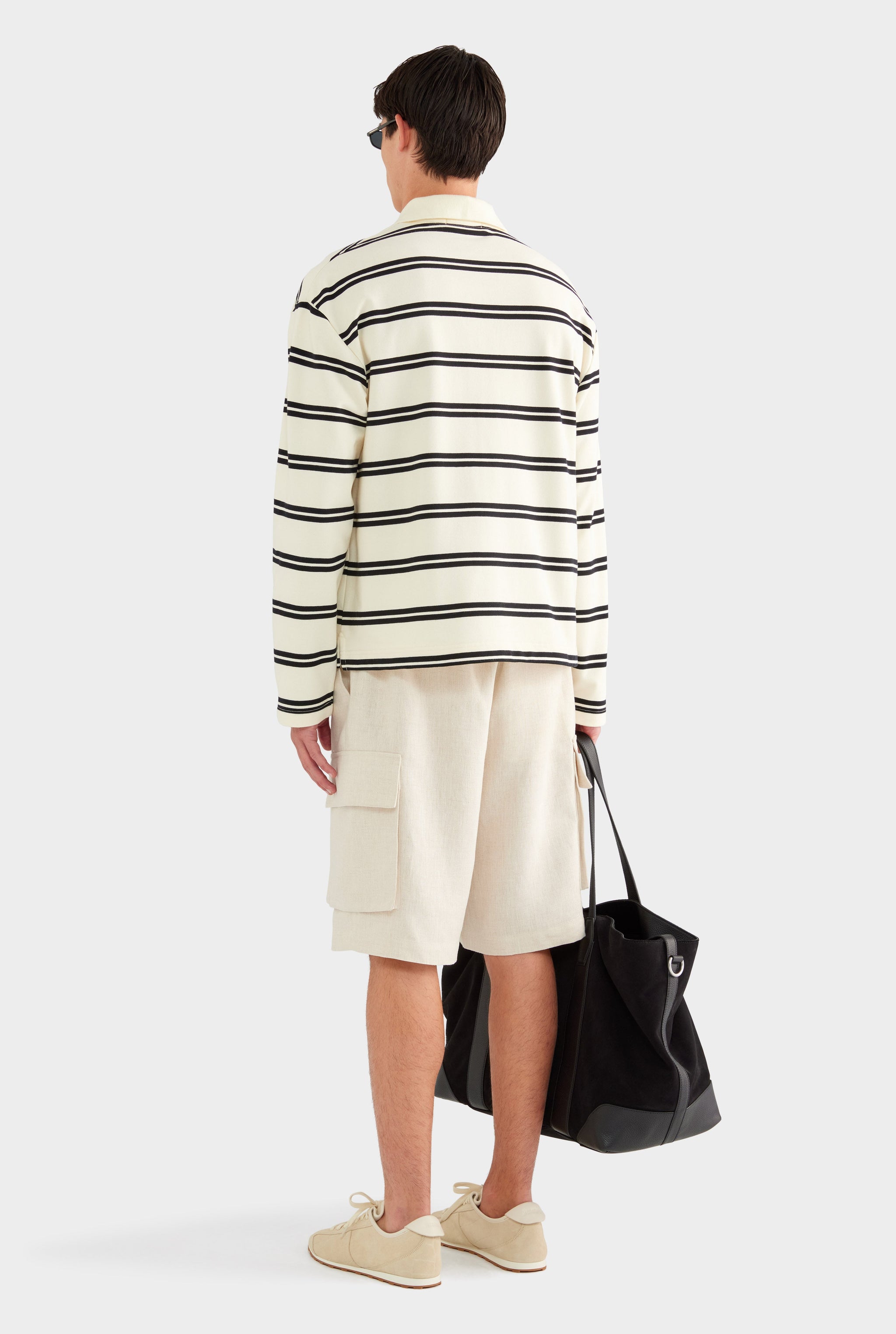 Open Neck Stripe Cotton Polo - Cream/Black Stripe