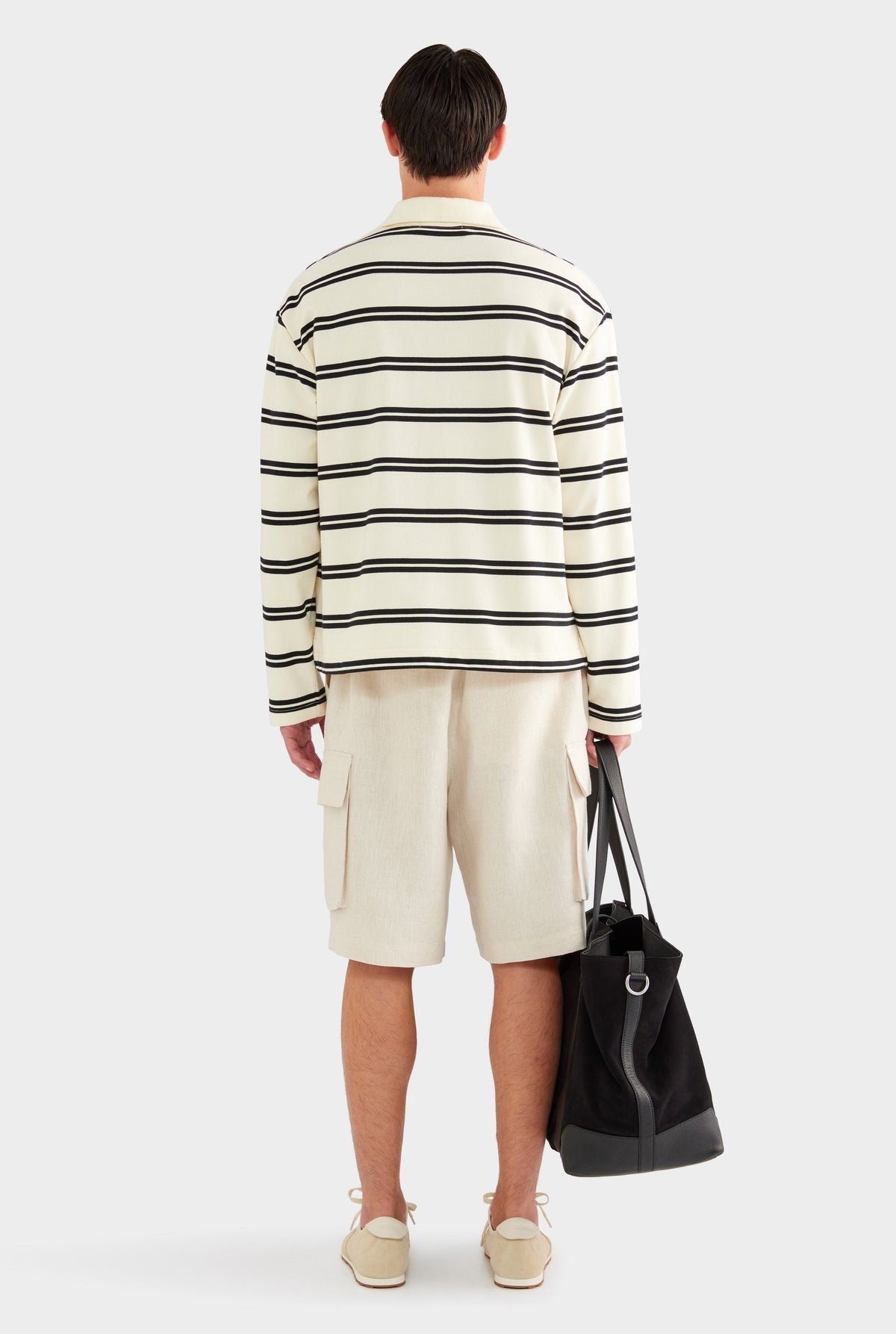 Open Neck Stripe Cotton Polo - Cream/Black Stripe